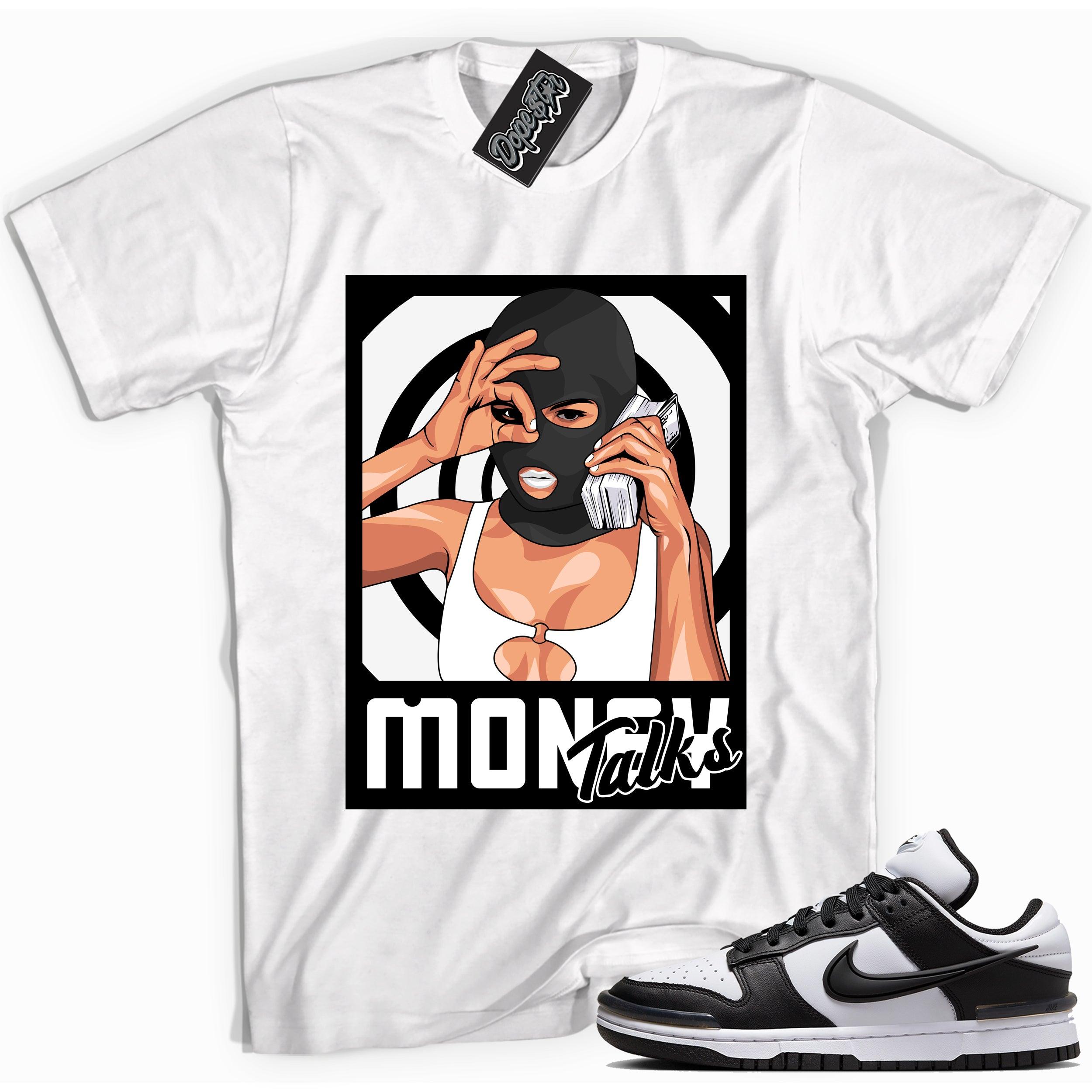Cool white graphic tee with 'money talks' print, that perfectly matches Nike Dunk Low Twist Panda sneakers.