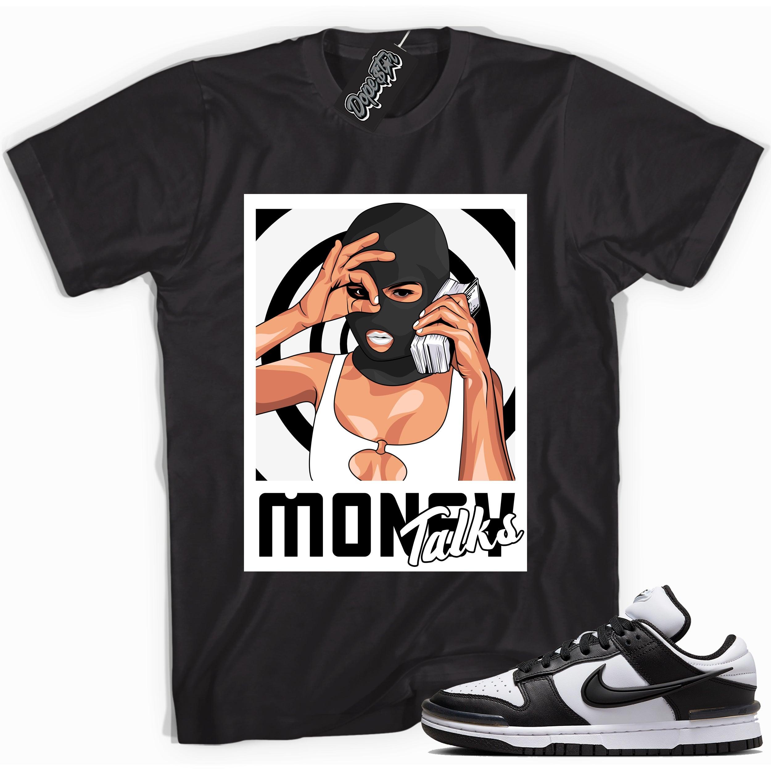 Cool black graphic tee with 'money talks' print, that perfectly matches Nike Dunk Low Twist Panda sneakers.
