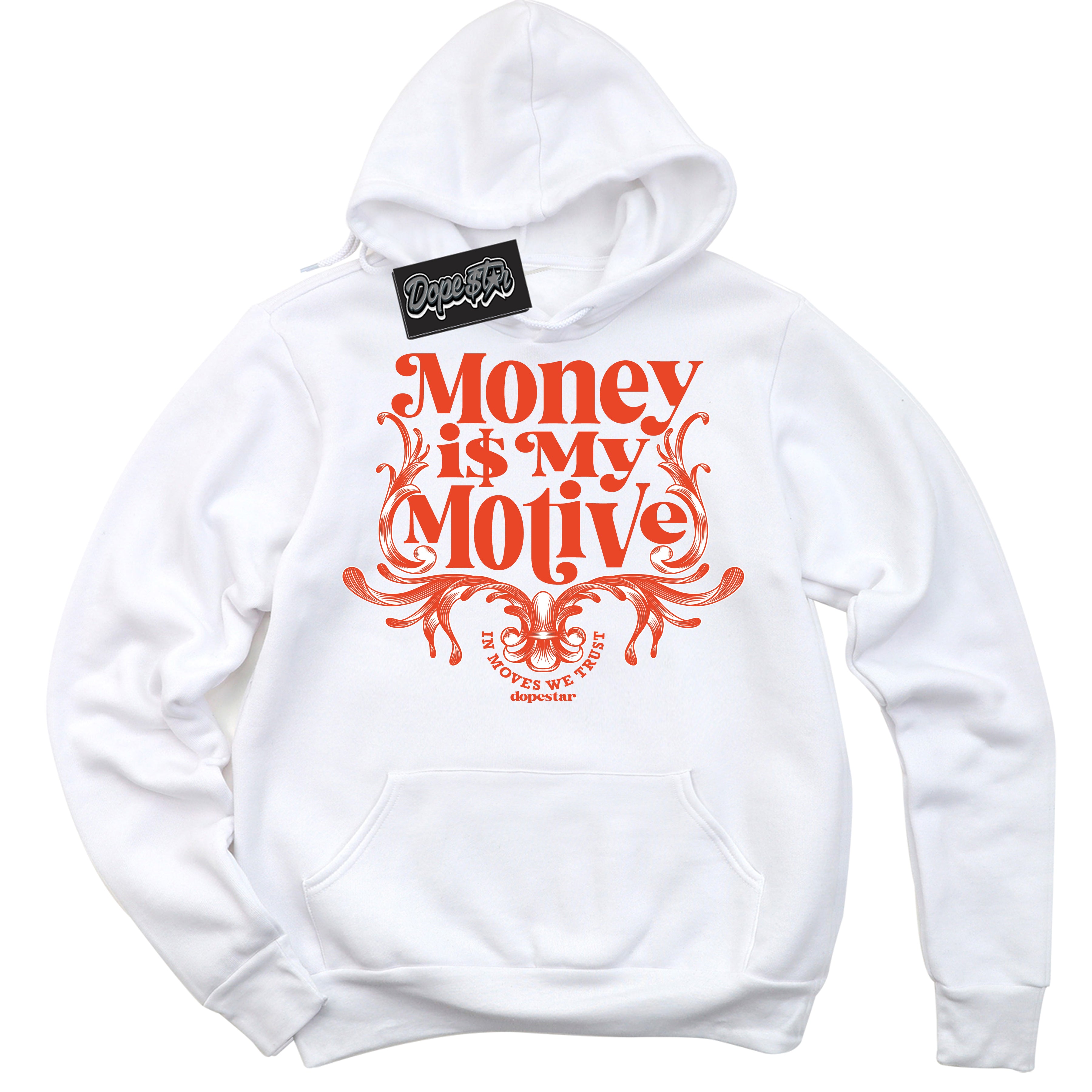 Nike Dunk Low Retro Cosmic Clay 'Money Is My Motive' Hoodie - White Streetwear Mockup | Sneakerhead Sweatshirt Matching Nike Dunk Low Retro Cosmic Clay | Limited Edition Urban Streetwear for Sneaker Matching OOTD | Outfits that pair perfectly with your ND Low Retro Cosmic Clay | Sneakerhead Fashion Must-Have Apparel for Men and Women.