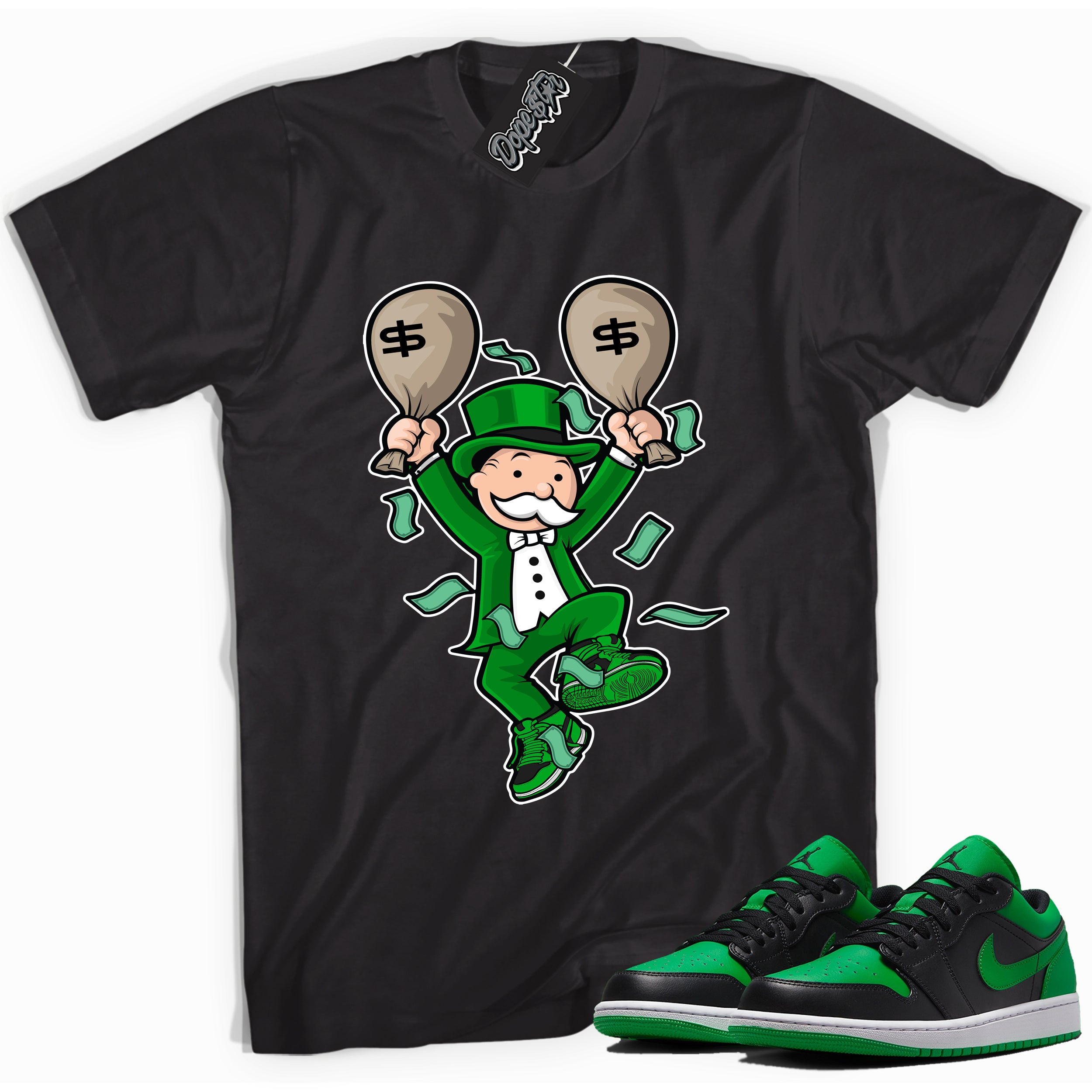 Cool black graphic tee with 'monopoly man' print, that perfectly matches Air Jordan 1 Low Lucky Green sneakers
