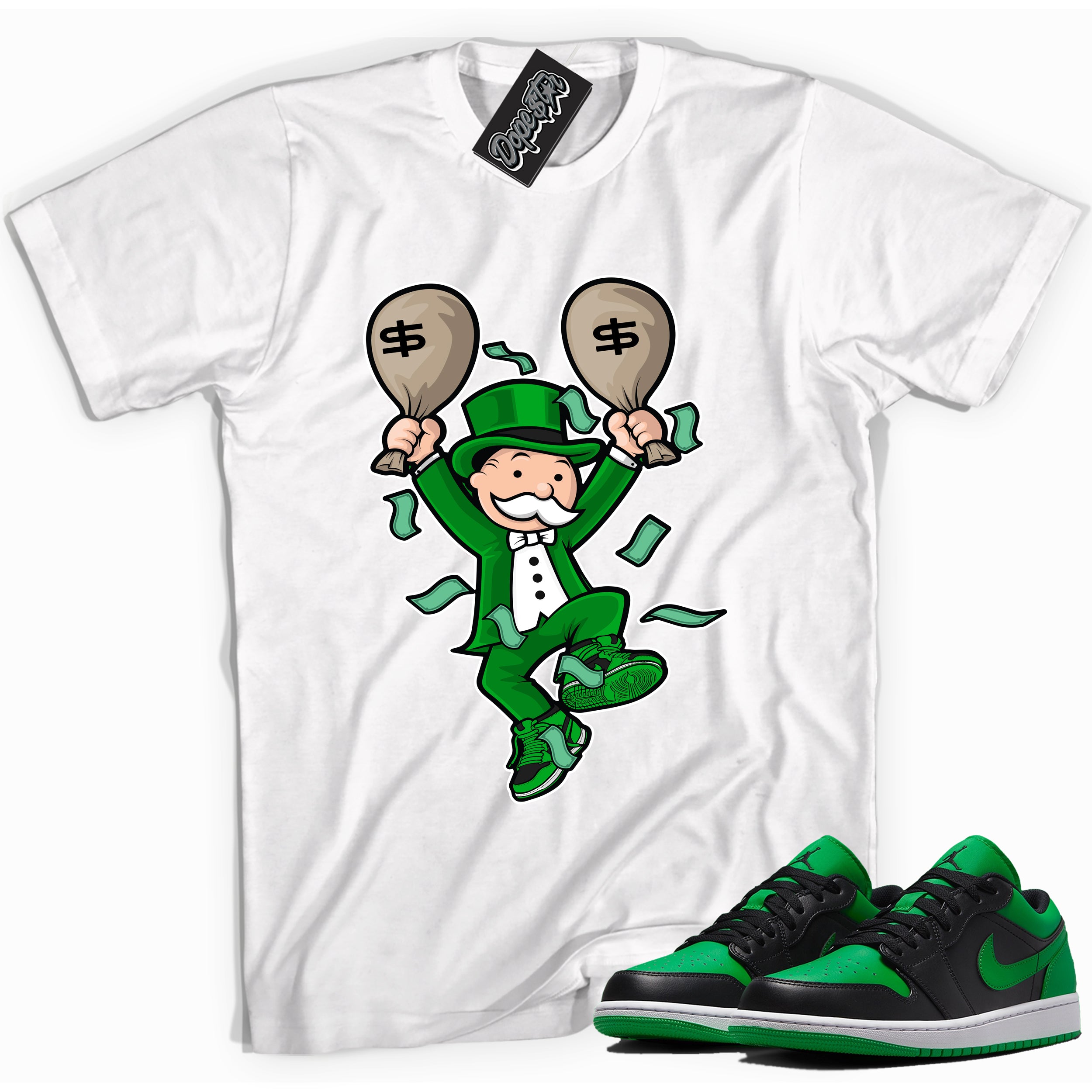 Cool white graphic tee with 'monopoly man' print, that perfectly matches Air Jordan 1 Low Lucky Green sneakers
