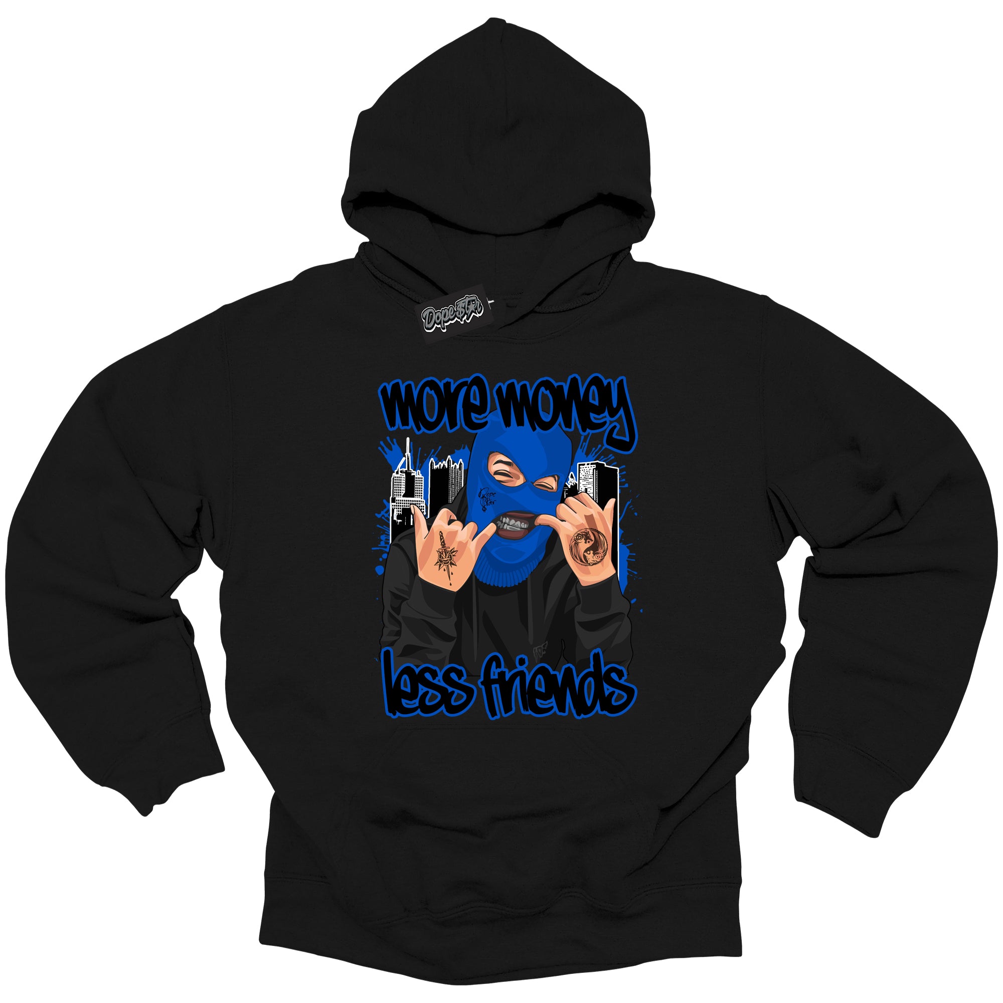 Cool Black Hoodie with “ More Money Less Friends ”  design that Perfectly Matches  Royal Reimagined 1s Sneakers.