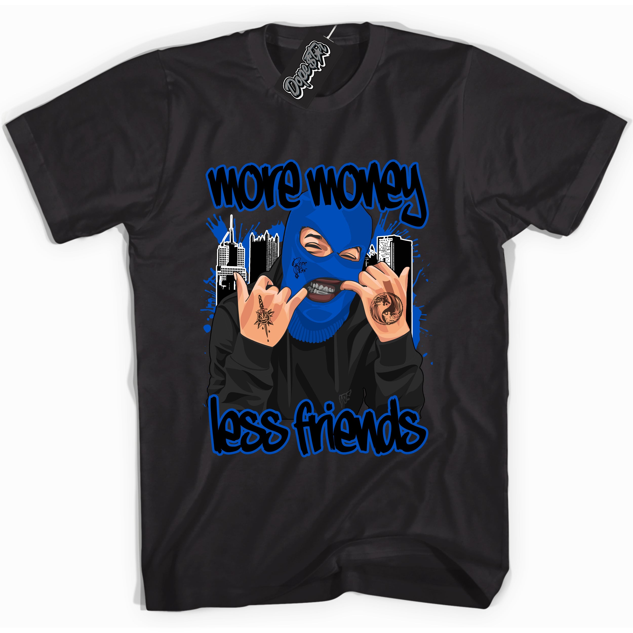 Cool Black graphic tee with "More Money Less Friends" design, that perfectly matches Royal Reimagined 1s sneakers 