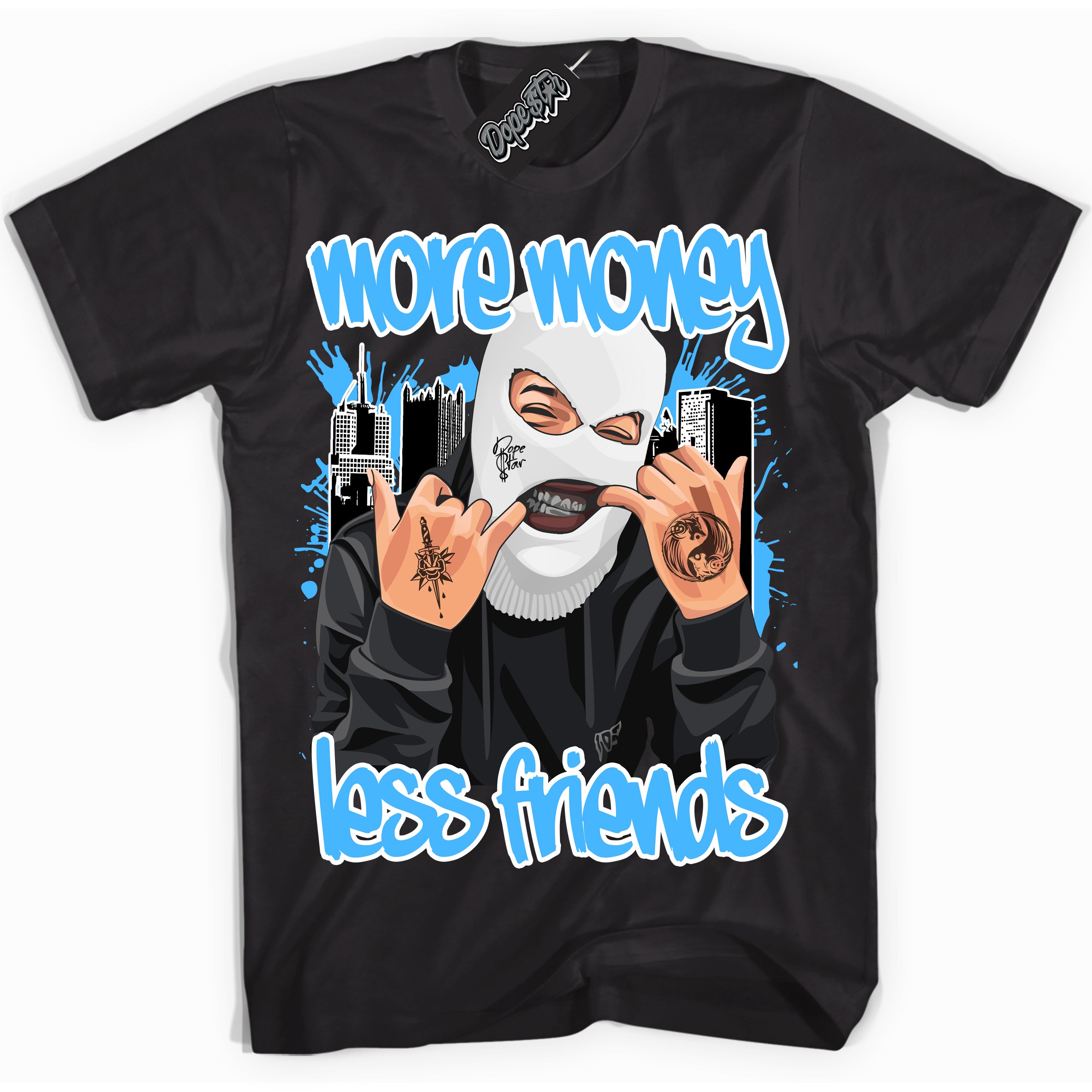Cool Black graphic tee with “ Money More Less Friends ” design, that perfectly matches Powder Blue 9s sneakers 