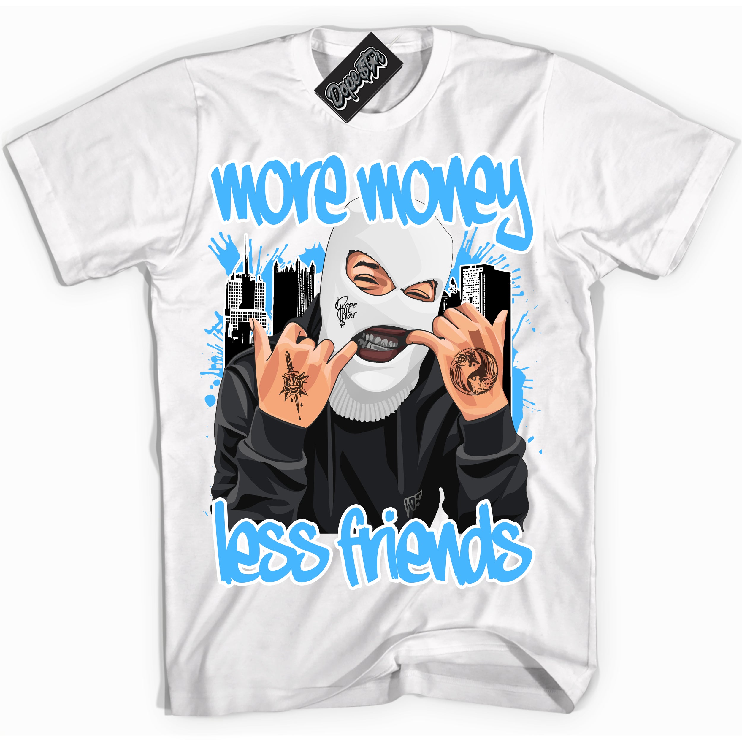 Cool White graphic tee with “ Money More Less Friends ” design, that perfectly matches Powder Blue 9s sneakers 