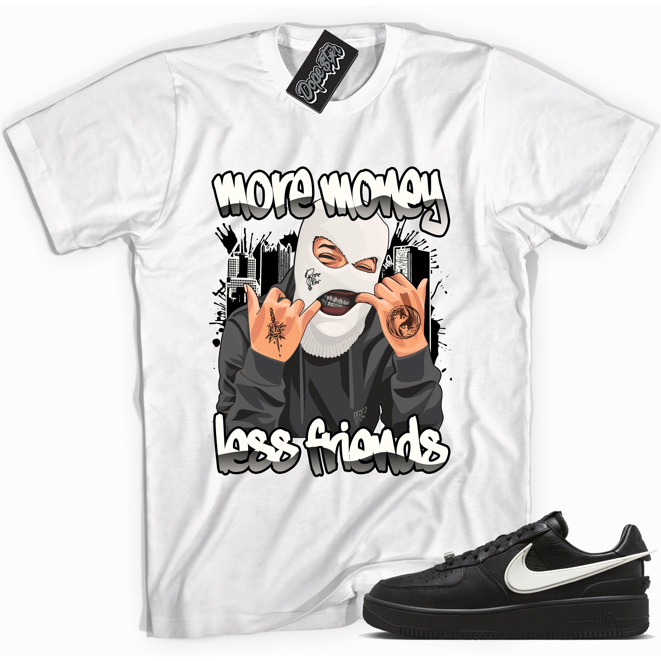 Cool white graphic tee with 'more money less friends' print, that perfectly matches Nike Air Force 1 Low SP Ambush Phantom sneakers.