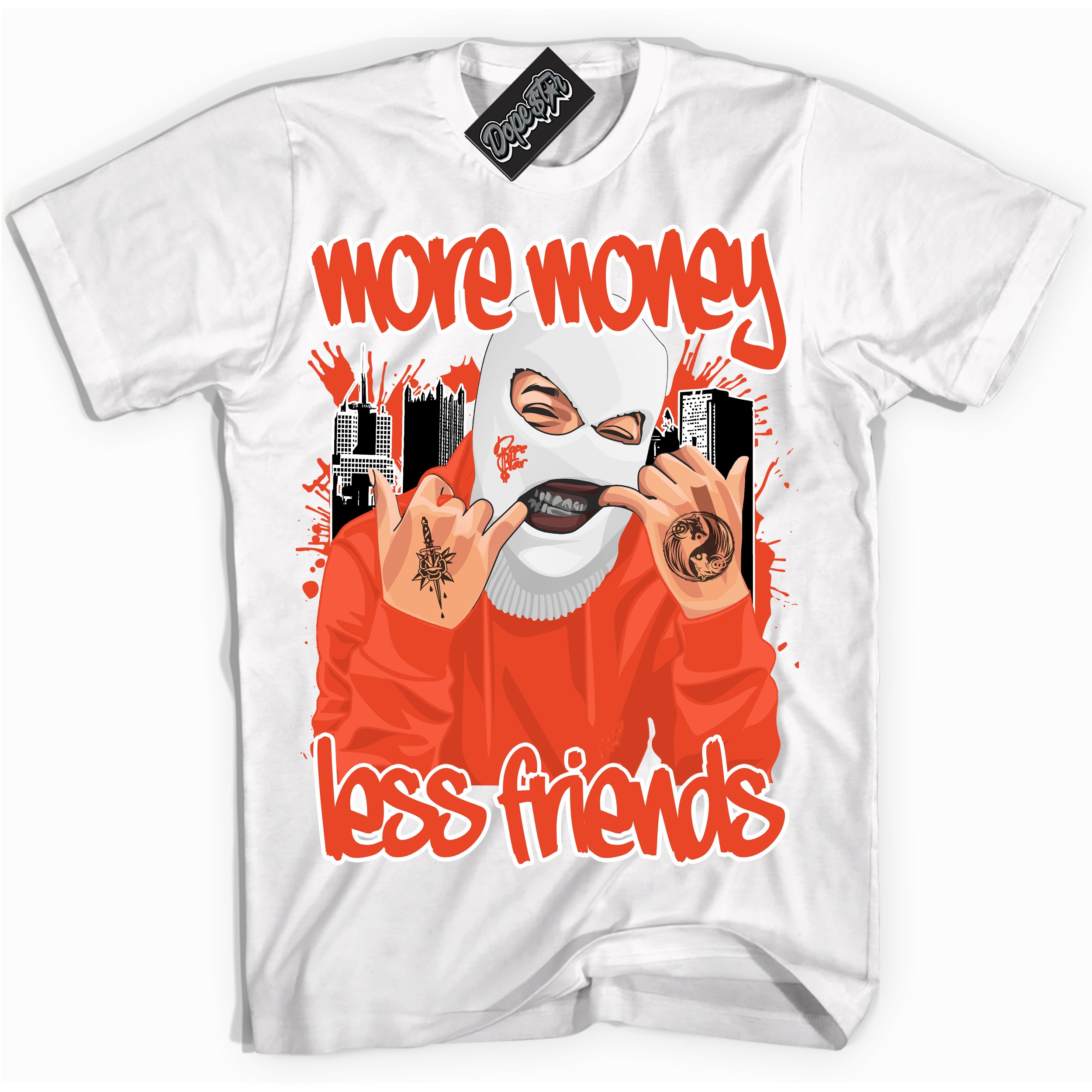 Nike Dunk Low Retro Cosmic Clay 'More Money Less Friends' Shirt - White Streetwear Mockup | Sneakerhead T-Shirt Matching Nike Dunk Low Retro Cosmic Clay | Limited Edition Urban Streetwear for Sneaker Matching Outfits | Outfits that pair perfectly with your ND Low Retro Cosmic Clay | Sneakerhead Fashion Must-Have Apparel for Men and Women