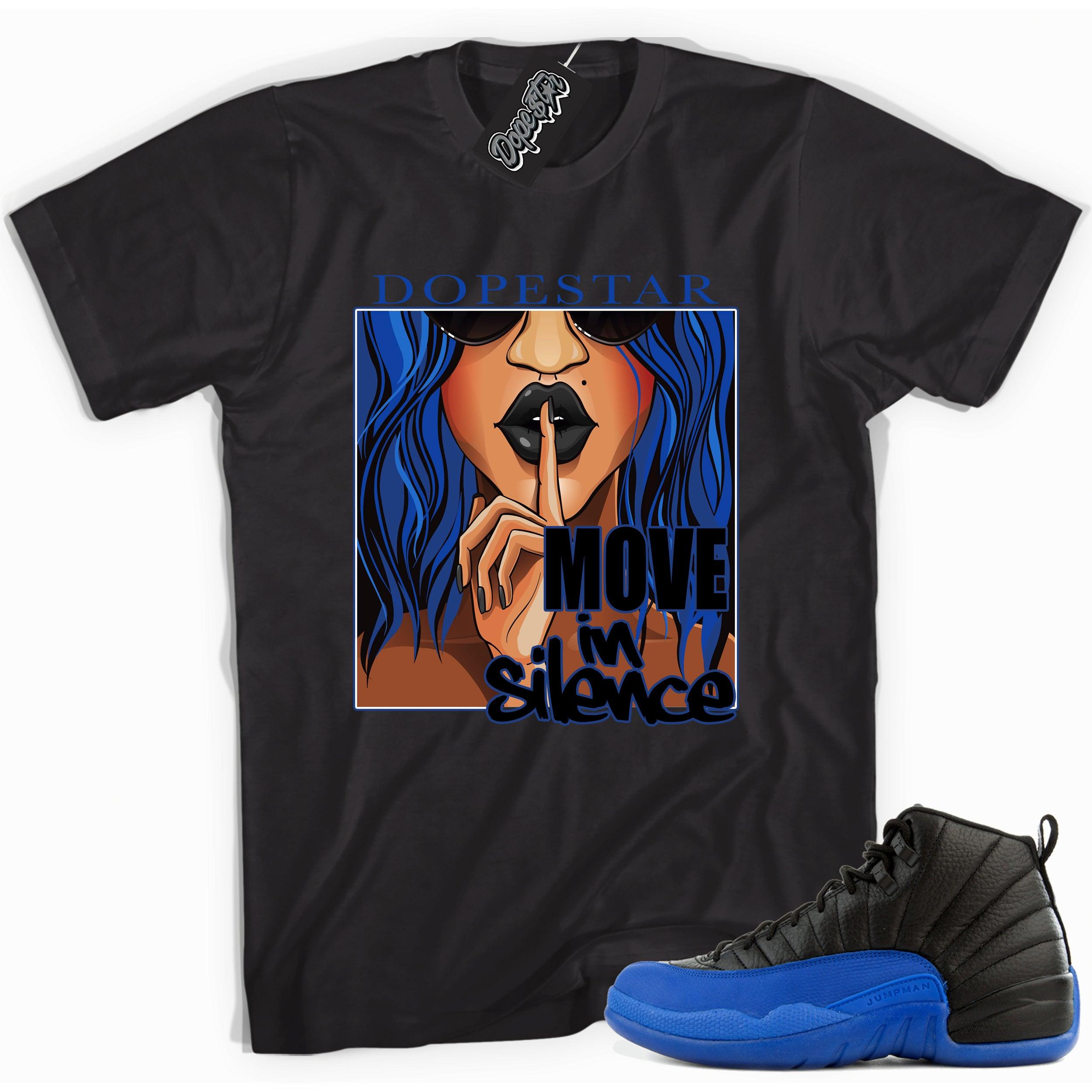 Cool black graphic tee with 'move in silence' print, that perfectly matches  Air Jordan 12 Retro Black Game Royal sneakers.