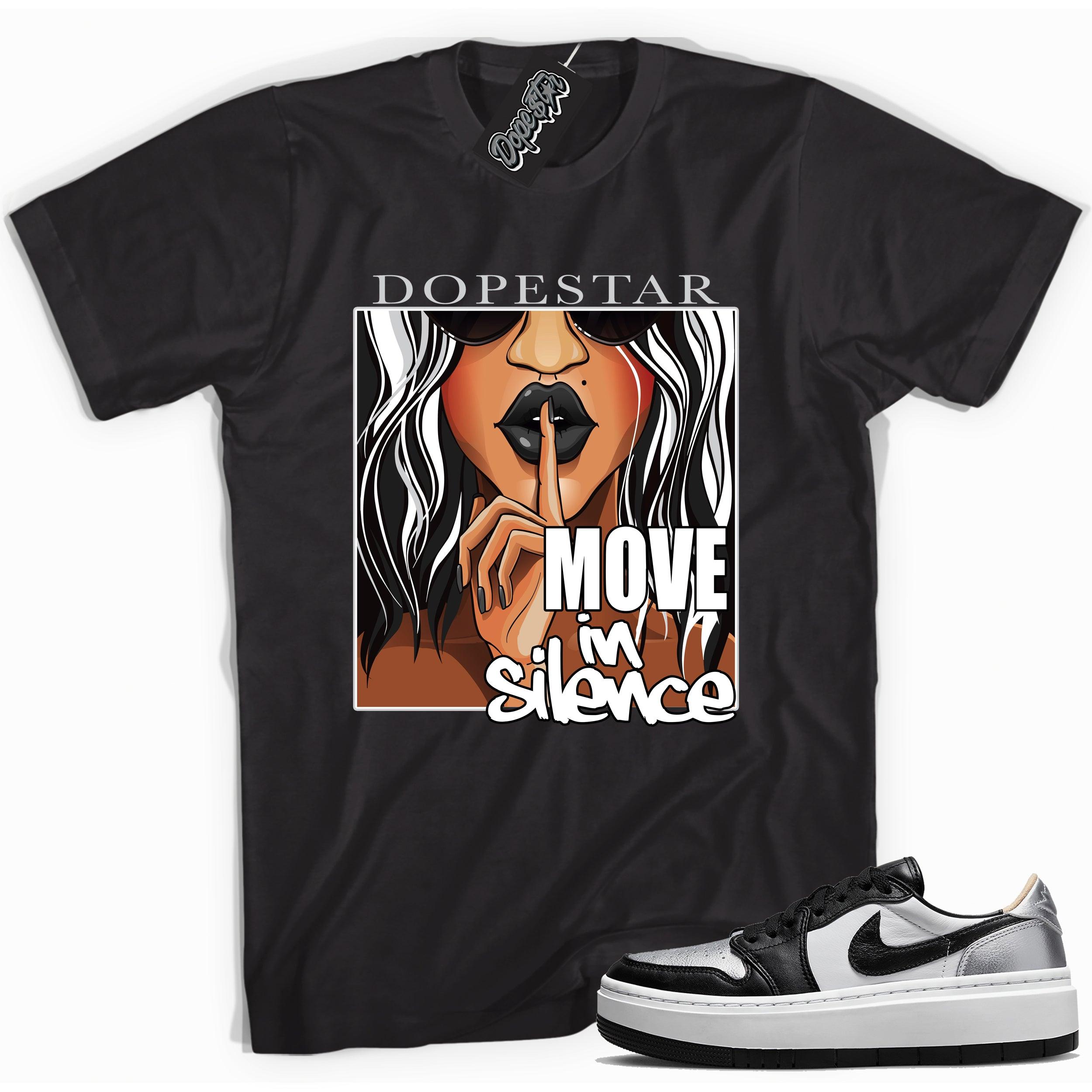 Cool black graphic tee with 'move in silence' print, that perfectly matches Air Jordan 1 Elevate Low SE Silver Toe sneakers.