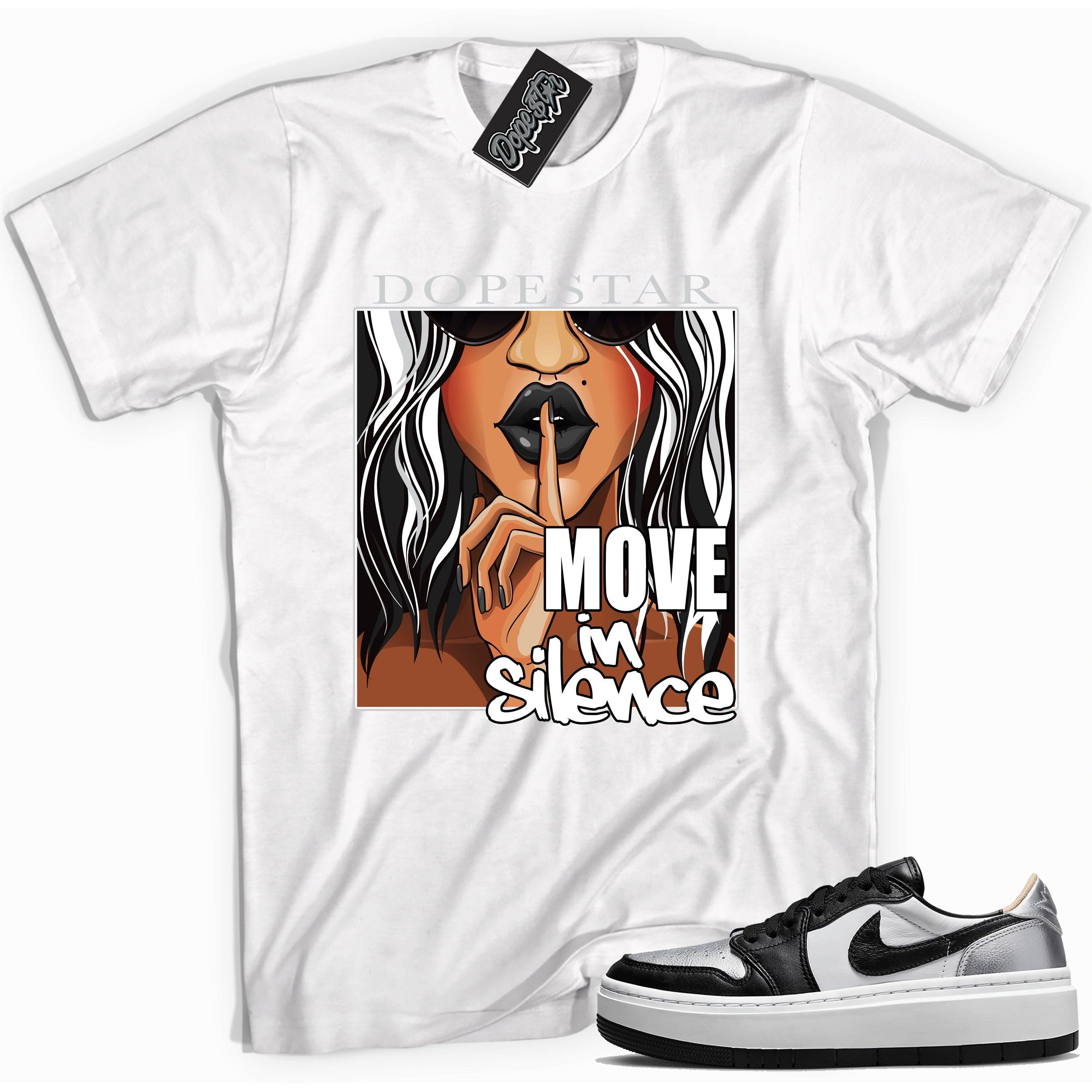 Cool white graphic tee with 'move in silence' print, that perfectly matches Air Jordan 1 Elevate Low SE Silver Toe sneakers.