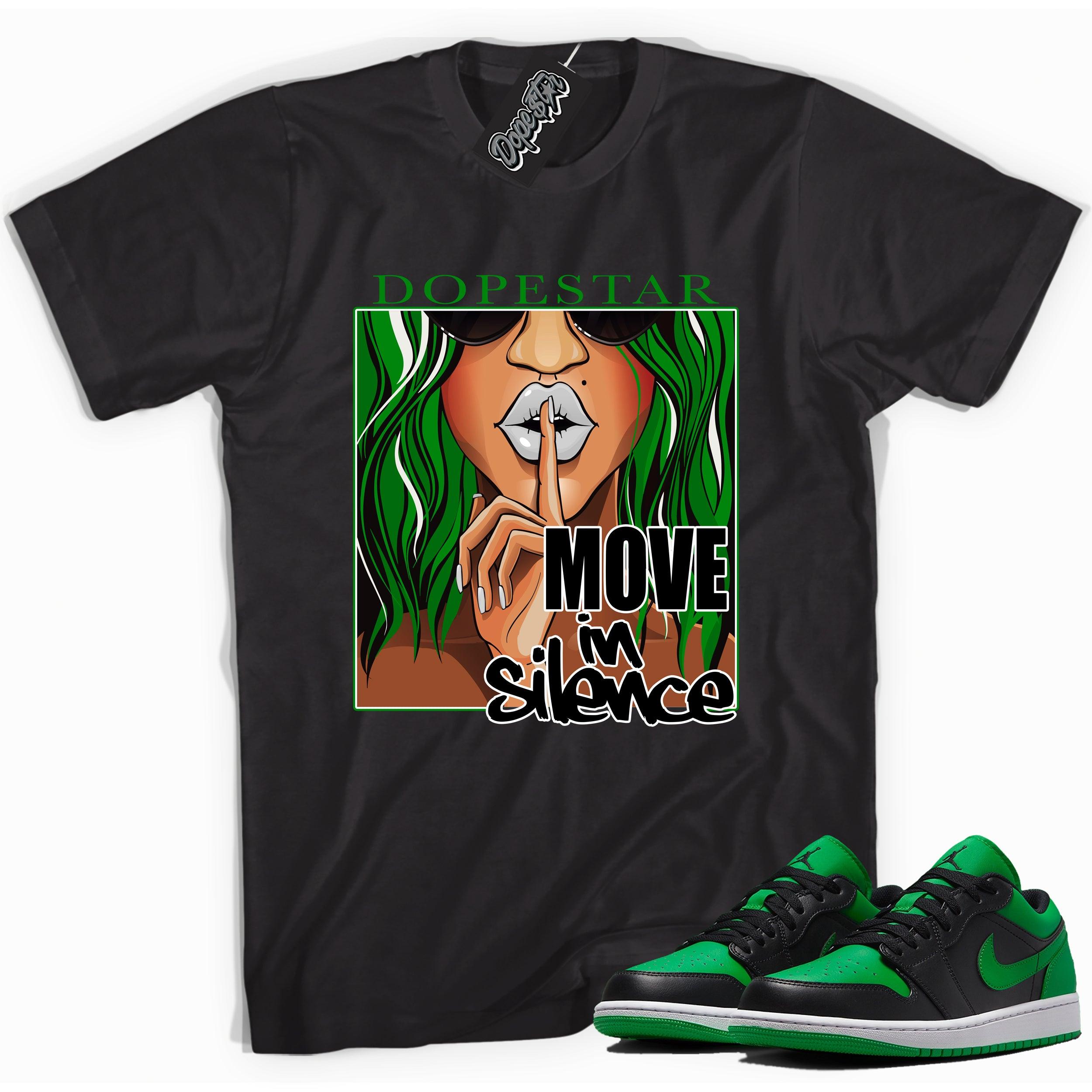 Cool black graphic tee with 'move in silence' print, that perfectly matches Air Jordan 1 Low Lucky Green sneakers