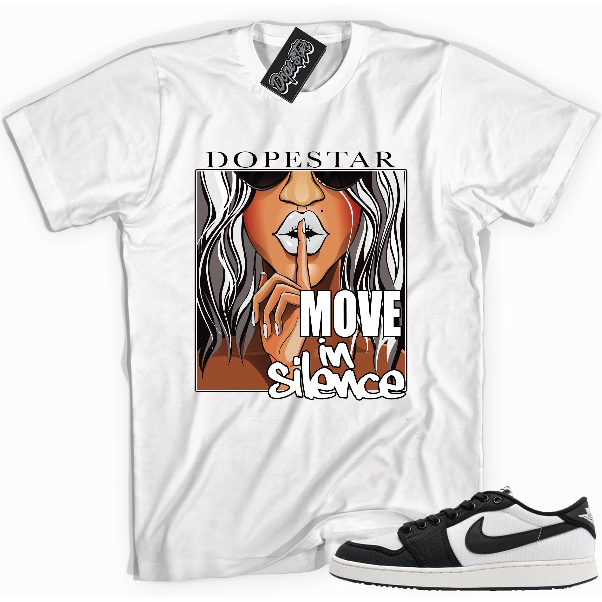 Cool white graphic tee with 'move in silence' print, that perfectly matches Air Jordan 1 Retro Ajko Low Black & White sneakers.