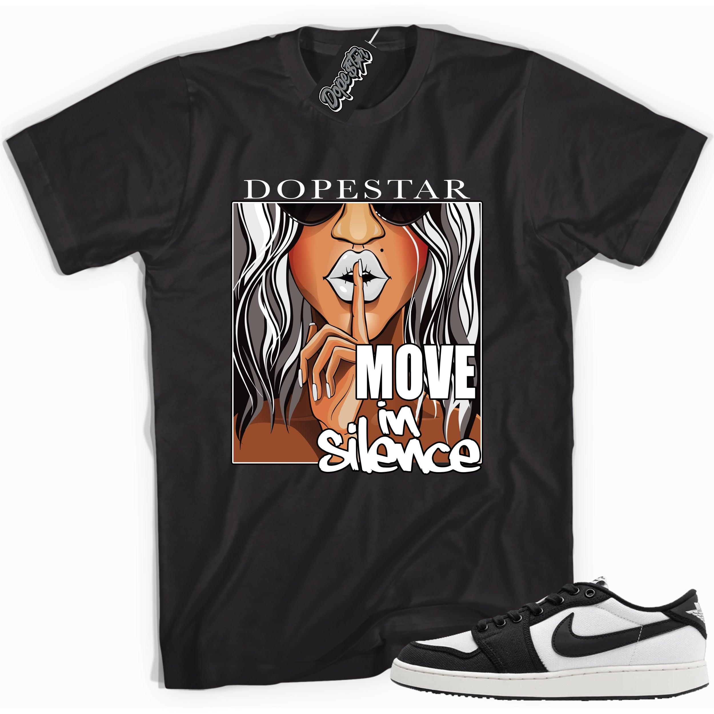 Cool black graphic tee with 'move in silence' print, that perfectly matches Air Jordan 1 Retro Ajko Low Black & White sneakers.