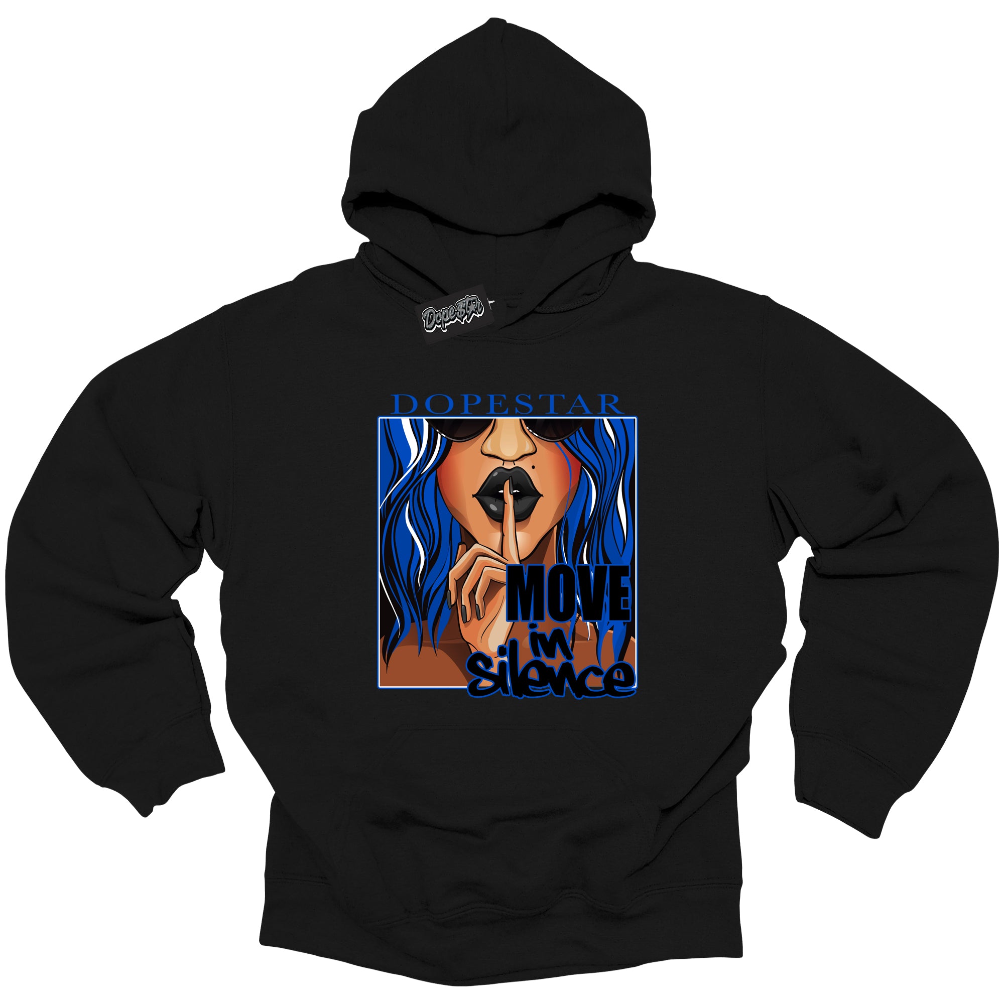 Cool Black Hoodie with “ Move In Silence ”  design that Perfectly Matches  Royal Reimagined 1s Sneakers.