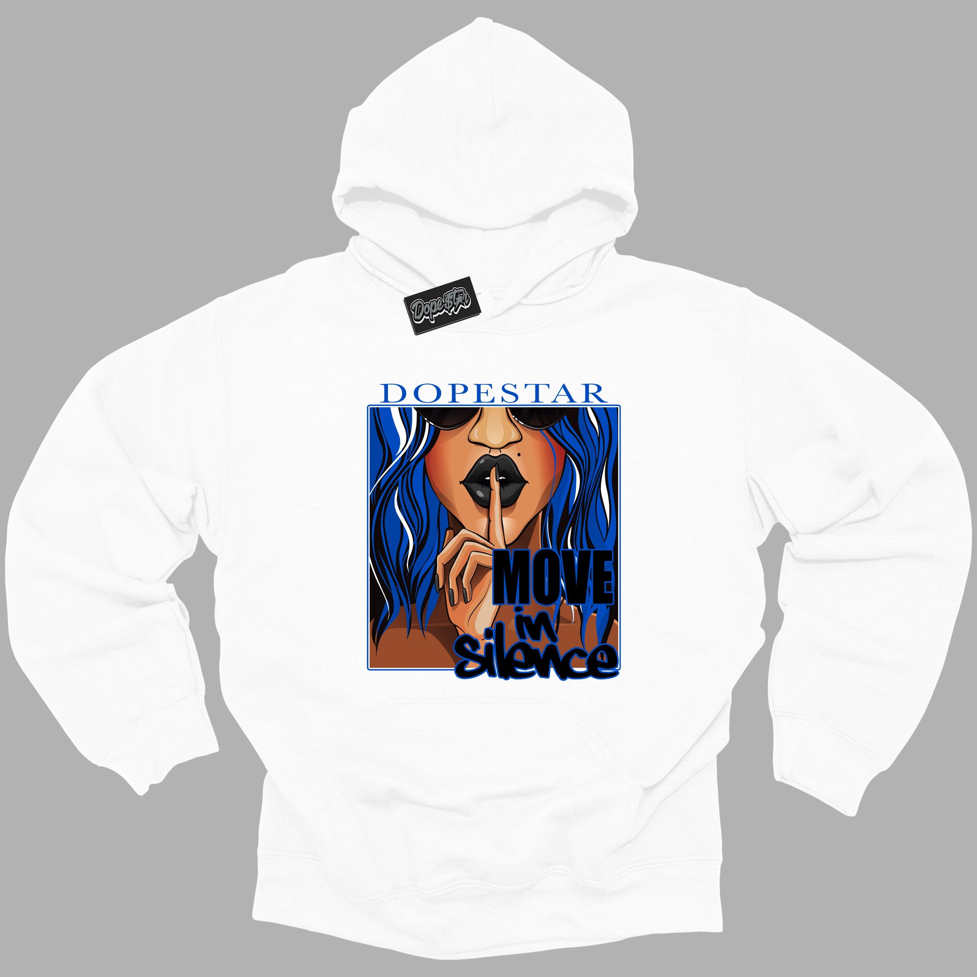 Cool White Hoodie with “ Move In Silence ”  design that Perfectly Matches Royal Reimagined 1s Sneakers.