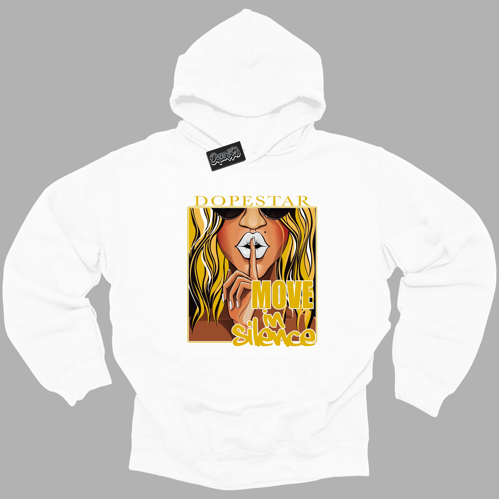 Cool White Hoodie with “ Move In Silence ”  design that Perfectly Matches Yellow Ochre 6s Sneakers.