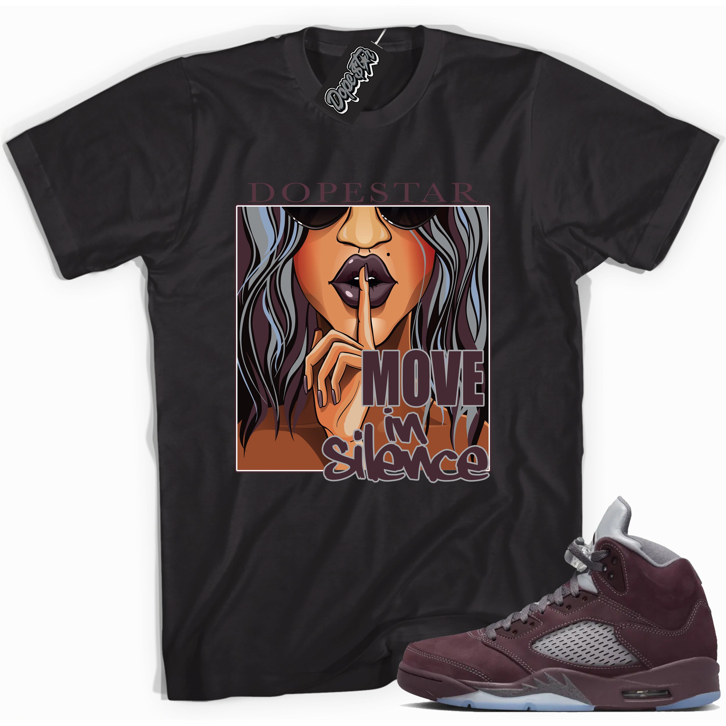 Cool Black graphic tee with “ Move In Silence ” print, that perfectly matches Air Jordan 5 Burgundy 2023 sneakers
