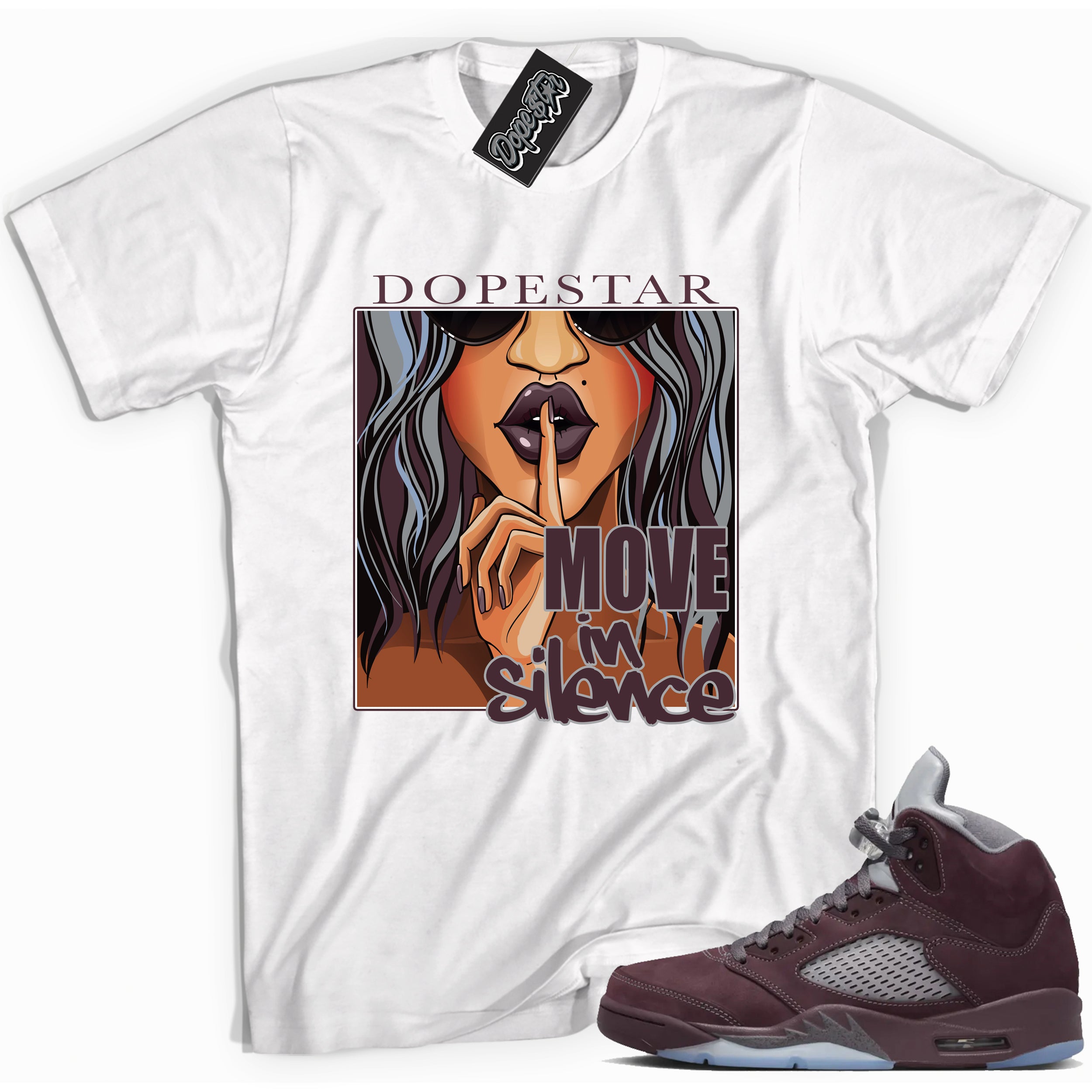 Cool White graphic tee with “ Move In Silence ” print, that perfectly matches Air Jordan 5 Burgundy 2023 sneakers 