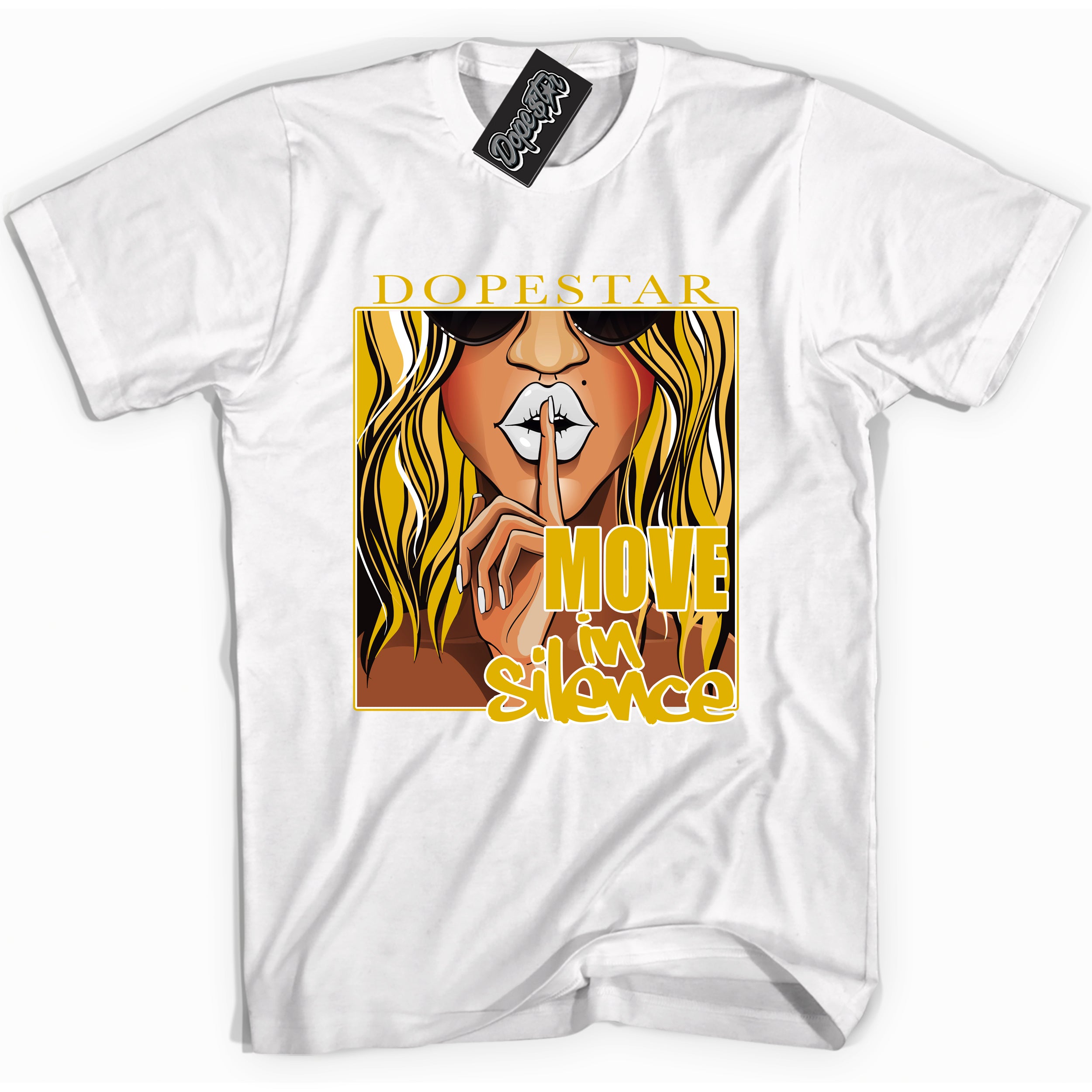Cool White Shirt with “ Move In Silence” design that perfectly matches Yellow Ochre 6s Sneakers.