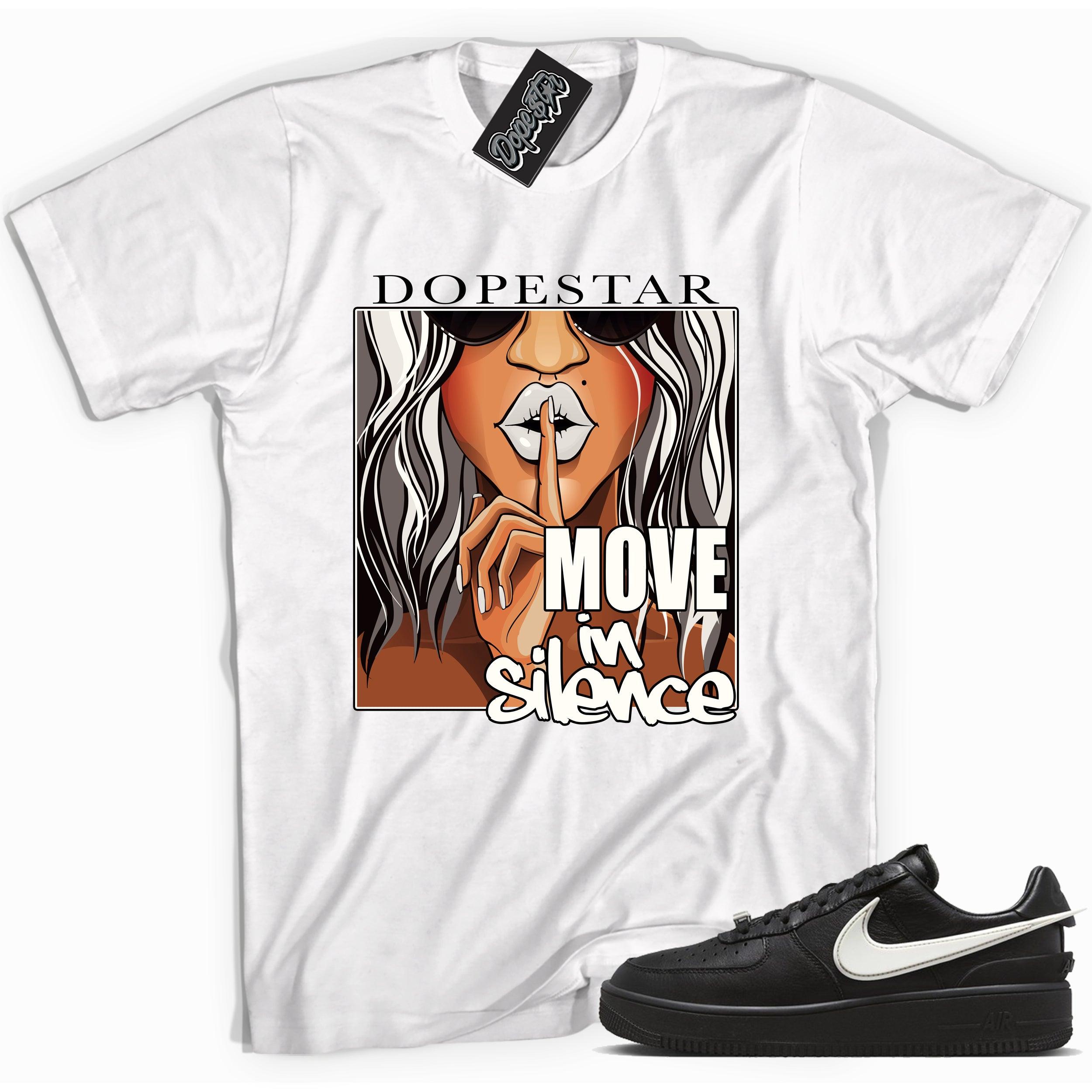 Cool white graphic tee with 'move in silence' print, that perfectly matches Nike Air Force 1 Low SP Ambush Phantom sneakers.