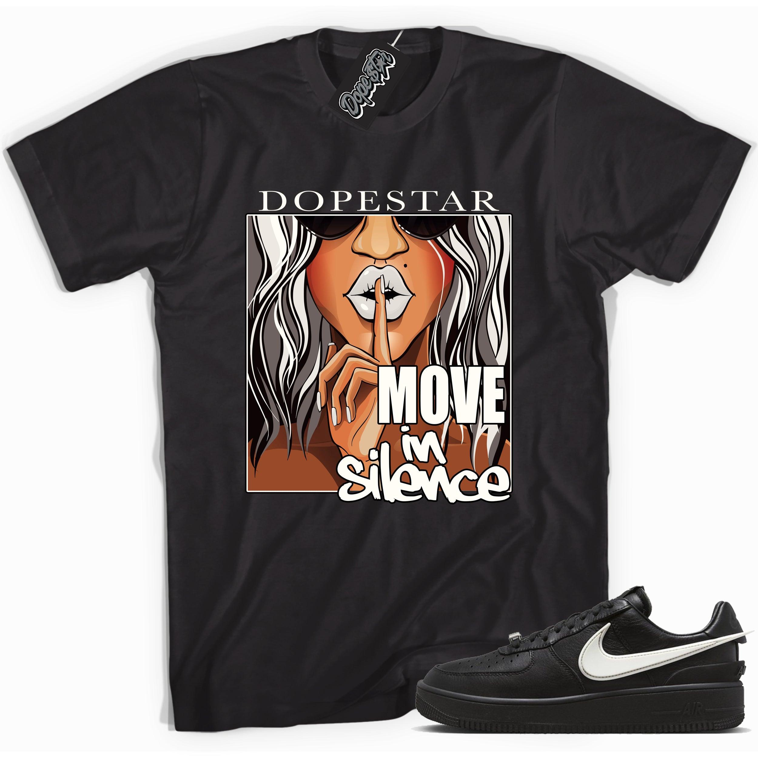Cool black graphic tee with 'move in silence' print, that perfectly matches Nike Air Force 1 Low SP Ambush Phantom sneakers.