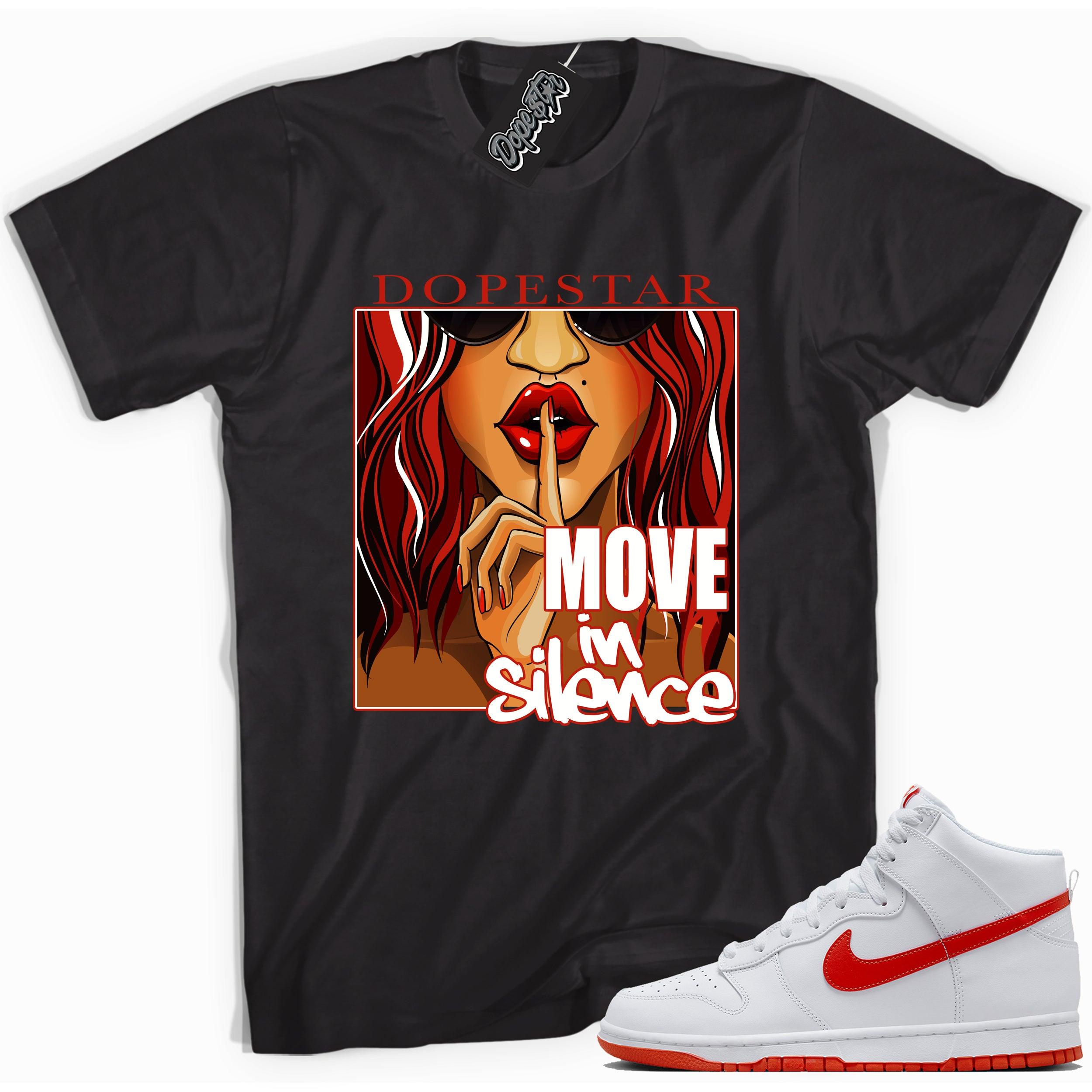 Cool black graphic tee with 'move in silence' print, that perfectly matches Nike Dunk High White Picante Red sneakers.
