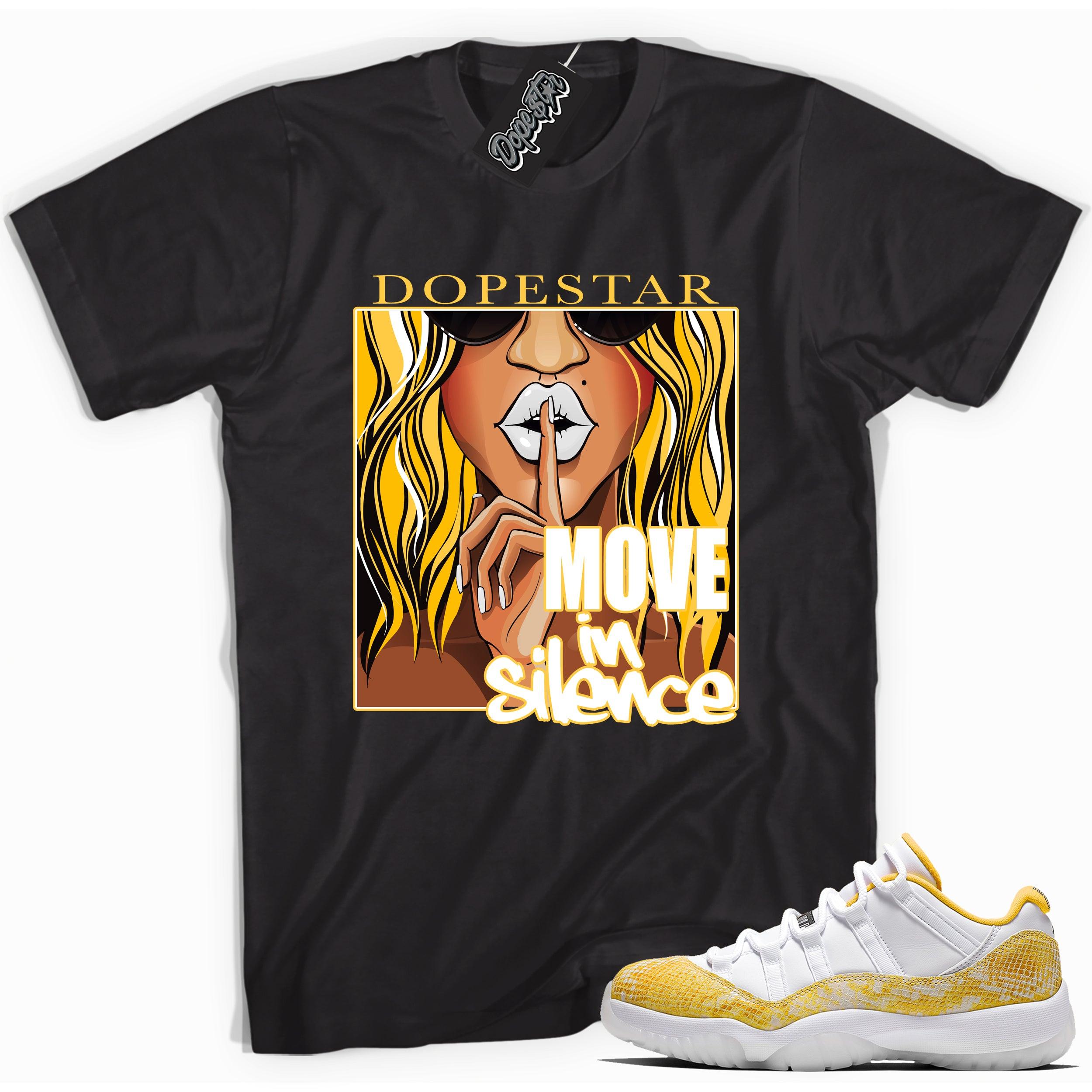 Cool black graphic tee with 'move in silence' print, that perfectly matches  Air Jordan 11 Low Yellow Snakeskin sneakers