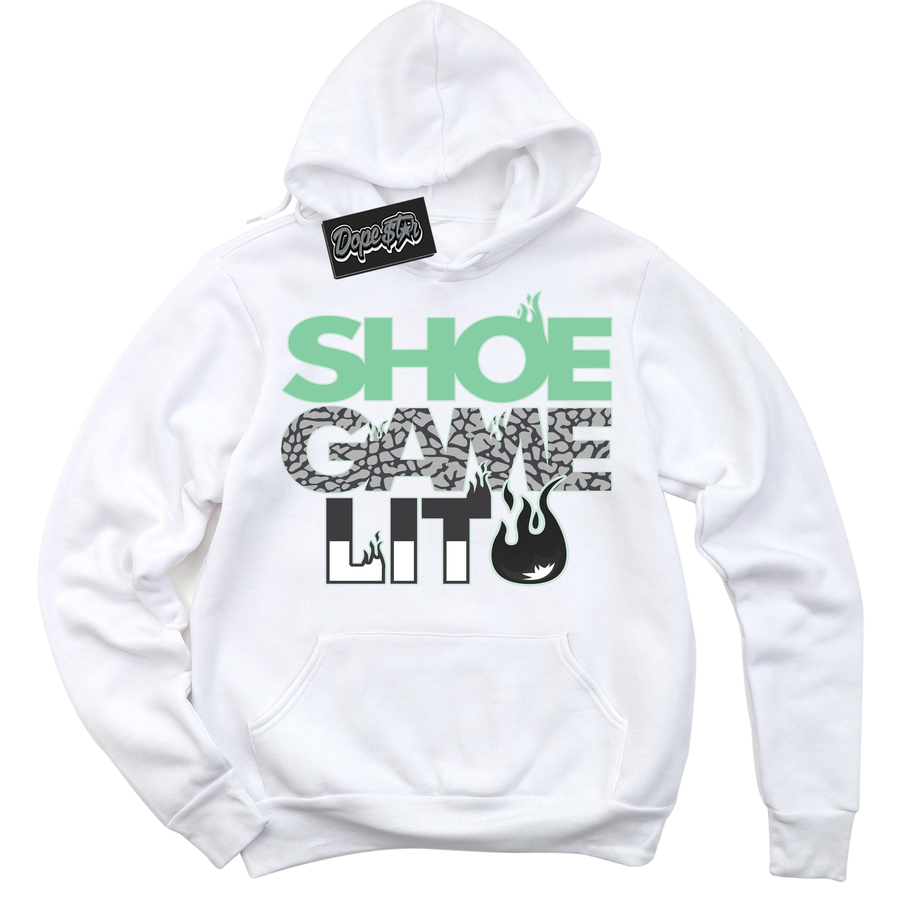 Cool White Hoodie with “ Shoe Game Lit '' design that Perfectly Matches  Green Glow 3s Sneakers.