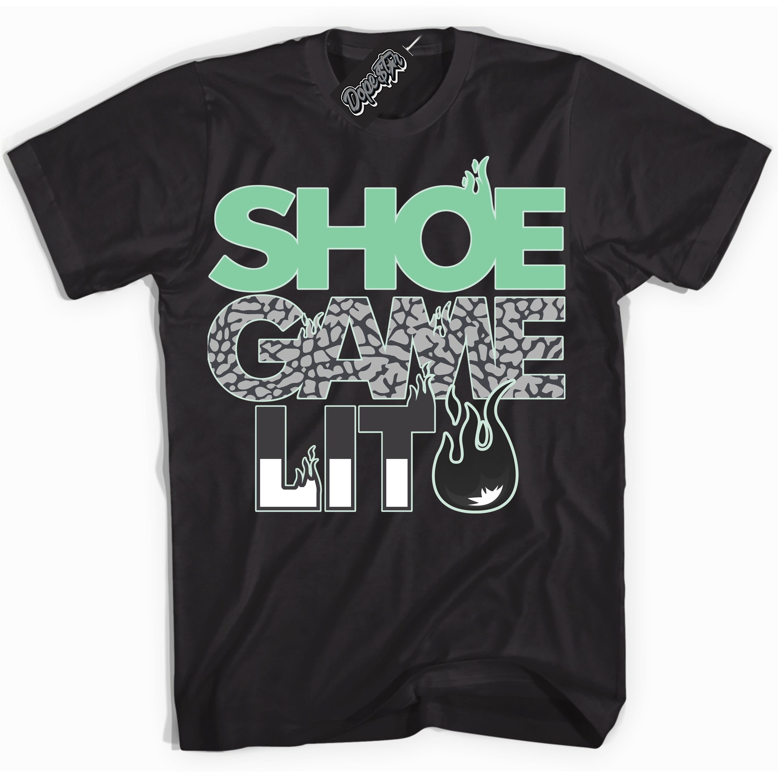 Cool Black Shirt with “ Shoe Game Lit ” design that perfectly matches Green Glow 3s Sneakers.