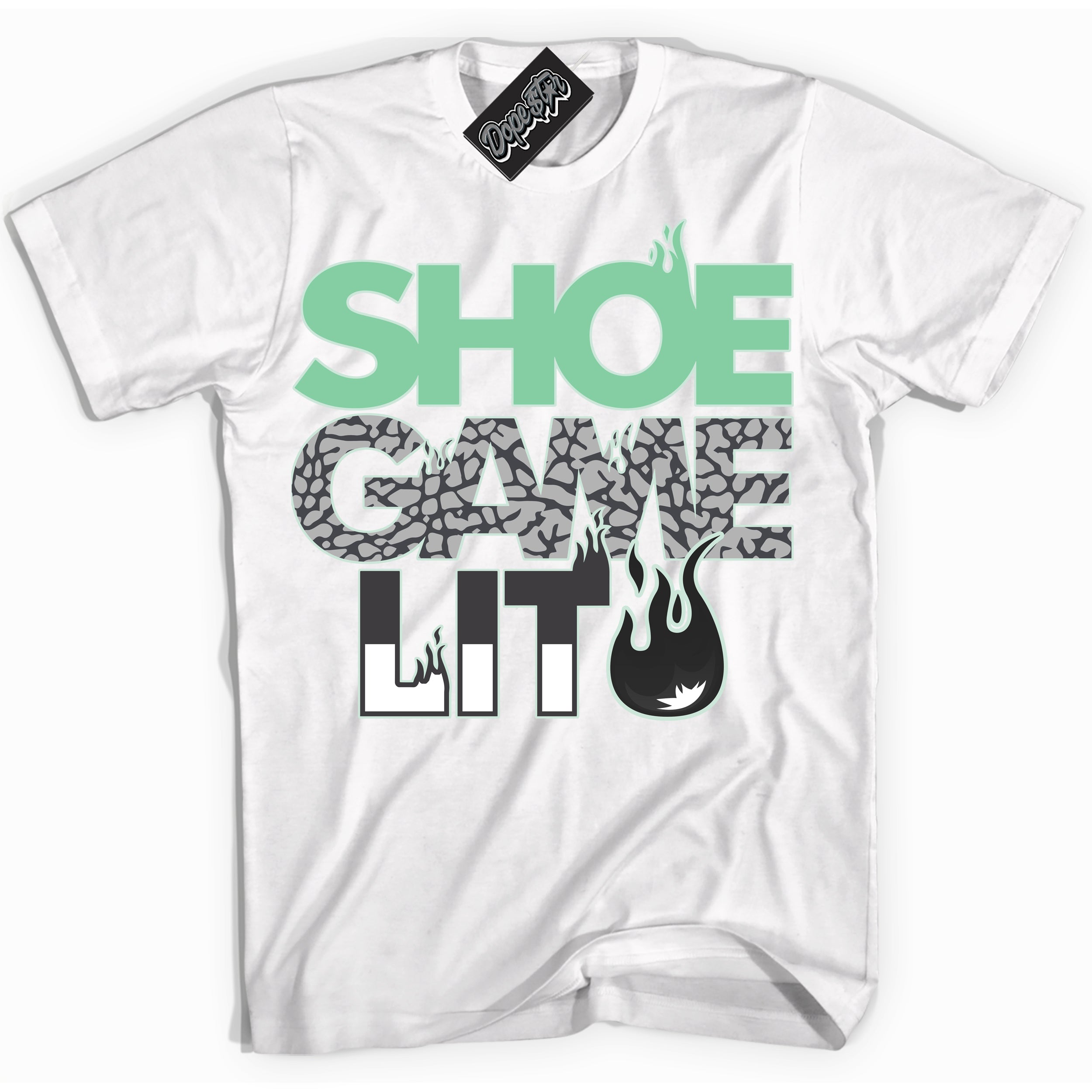 Cool White Shirt with “ Shoe Game Lit ” design that perfectly matches Green Glow 3s Sneakers.