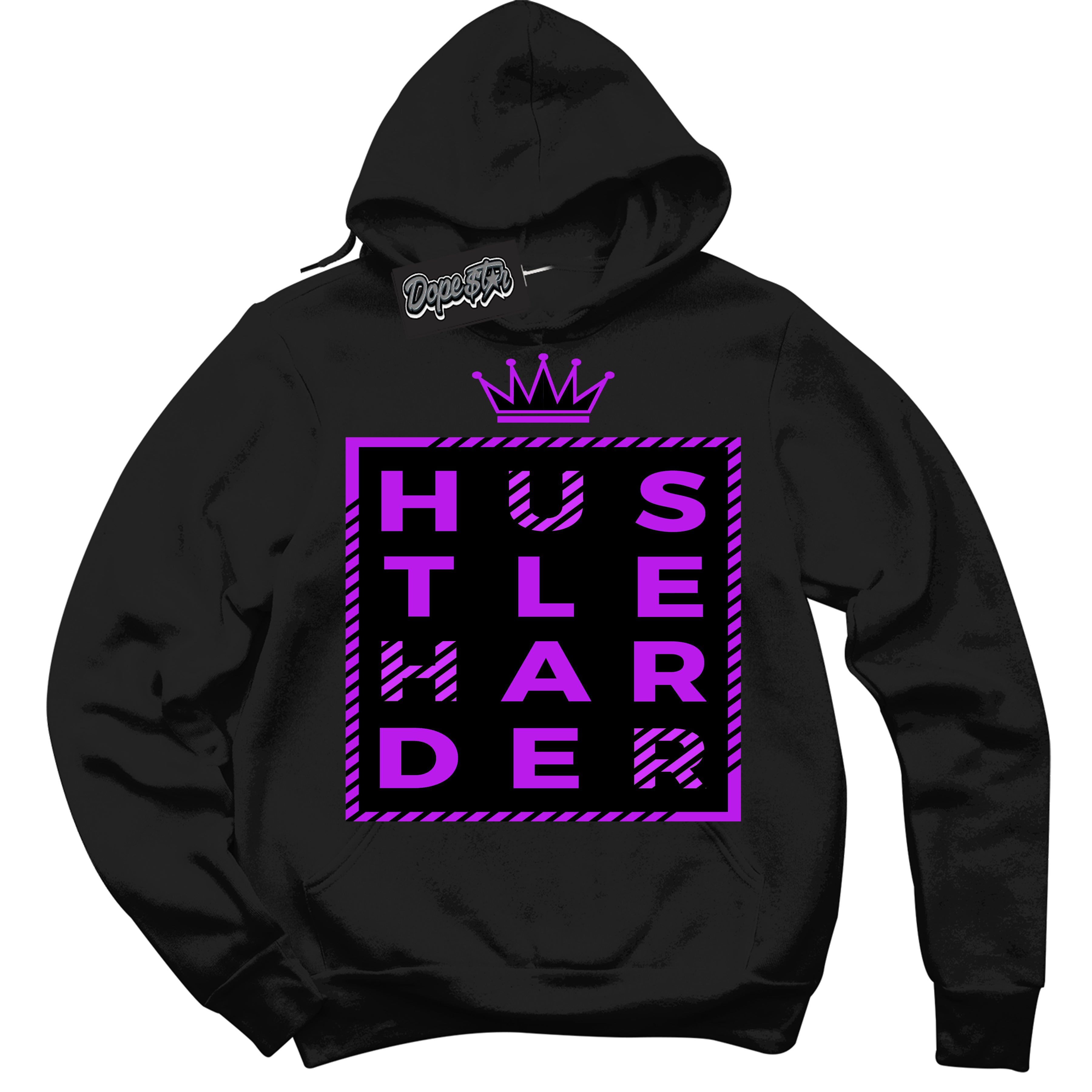 Cool Black Hoodie with “ Hustle Harder ”  design that Perfectly Matches RTKT Genesis Dunk Sneakers.