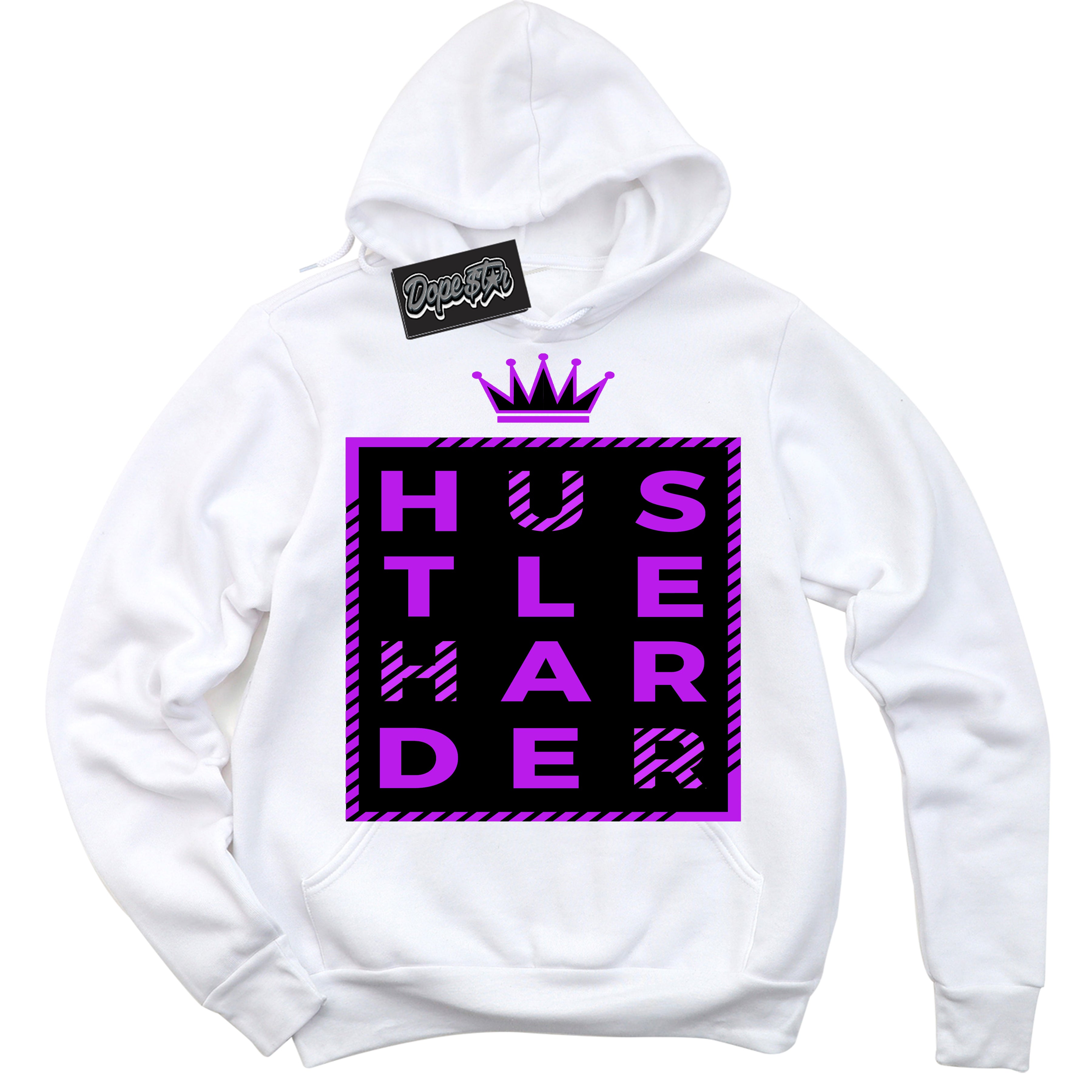 Cool White Hoodie with “ Hustle Harder ”  design that Perfectly Matches RTKT Genesis Dunk Sneakers.