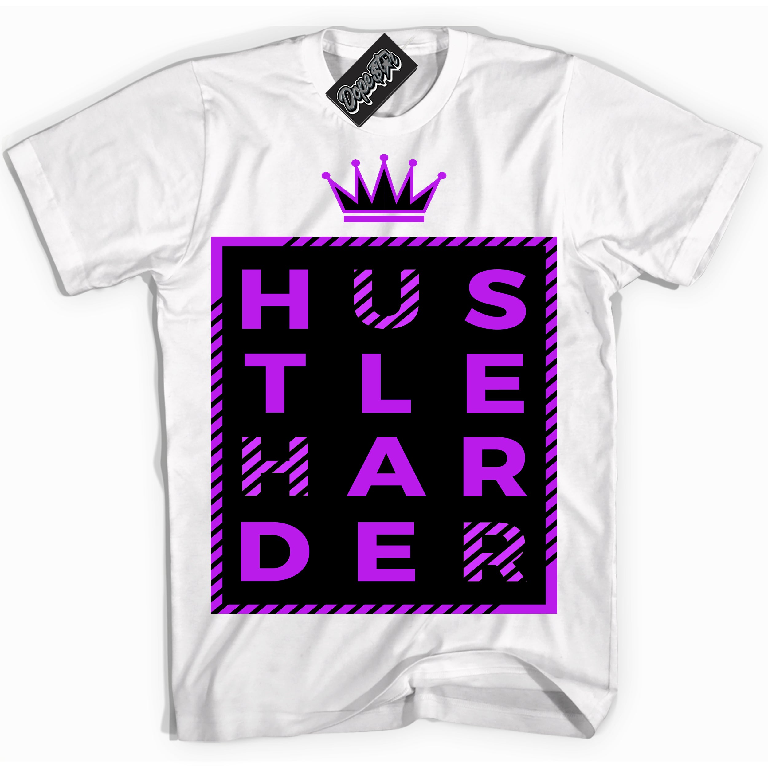 Cool White Shirt with “ Hustle Harder” design that perfectly matches RTKT Genesis Dunk Sneakers.