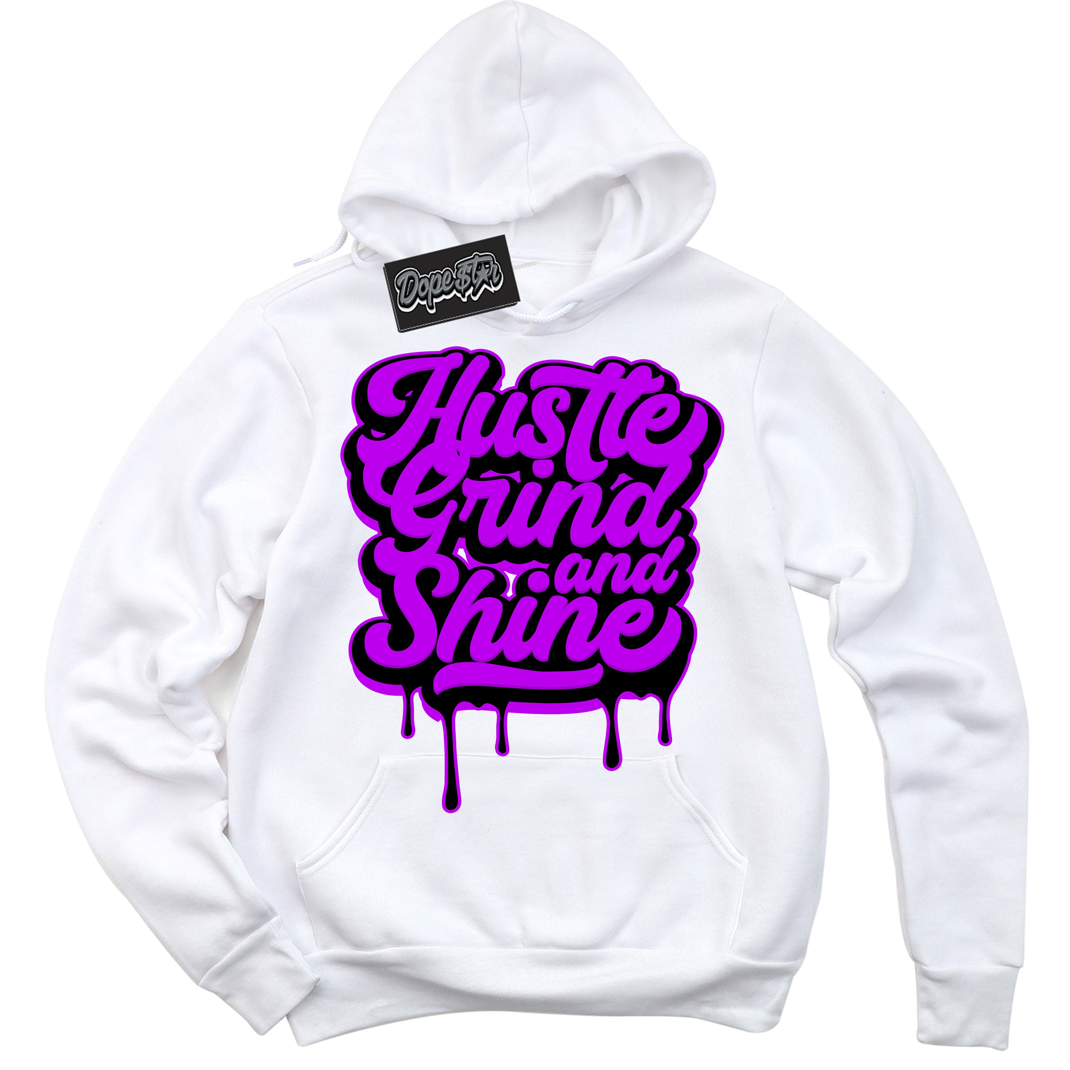 Cool White Hoodie with “ Hustle Grind And Shine ”  design that Perfectly Matches RTKT Genesis Dunk Sneakers.