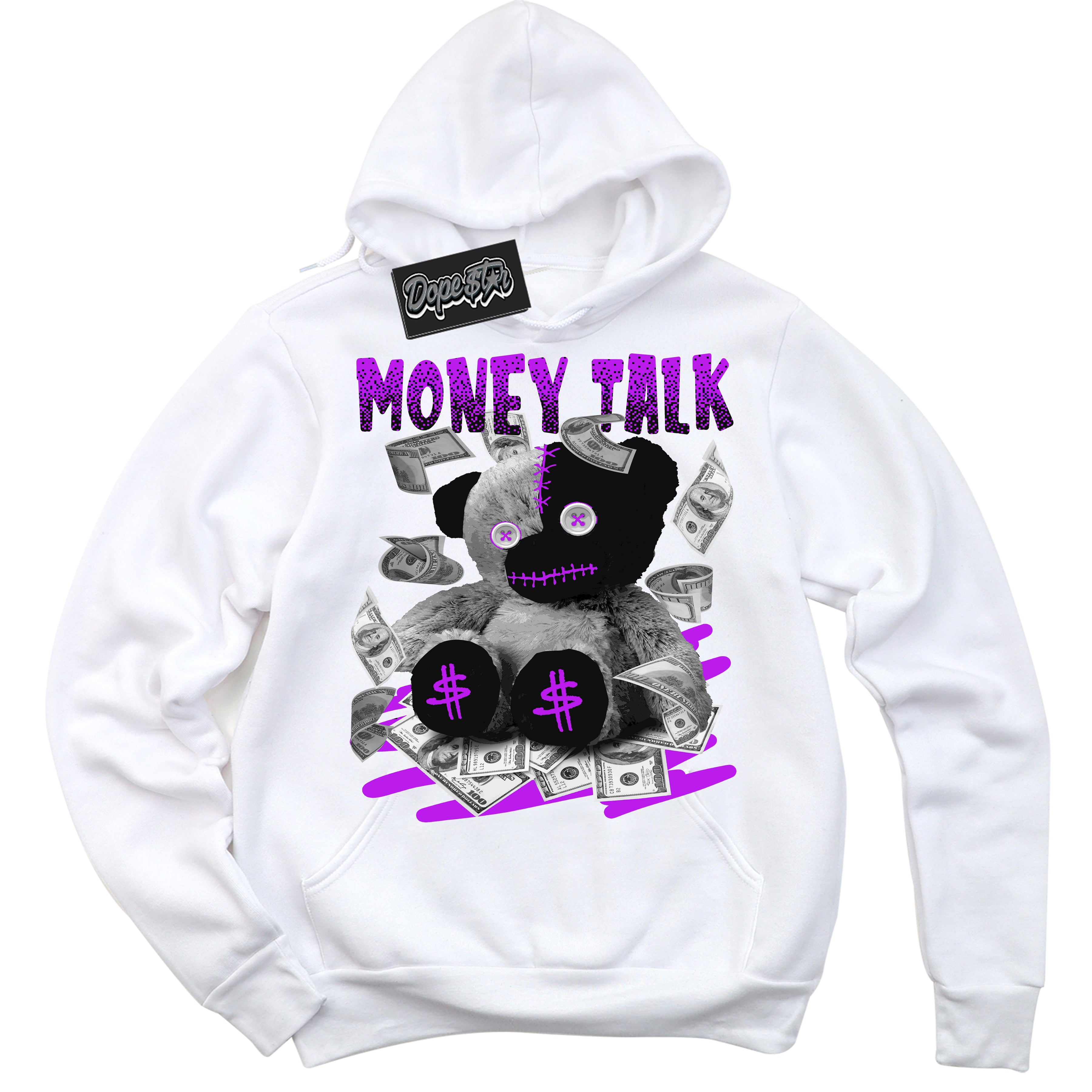 Cool White Hoodie with “ Money Talk Bear ”  design that Perfectly Matches RTKT Genesis Dunk Sneakers.