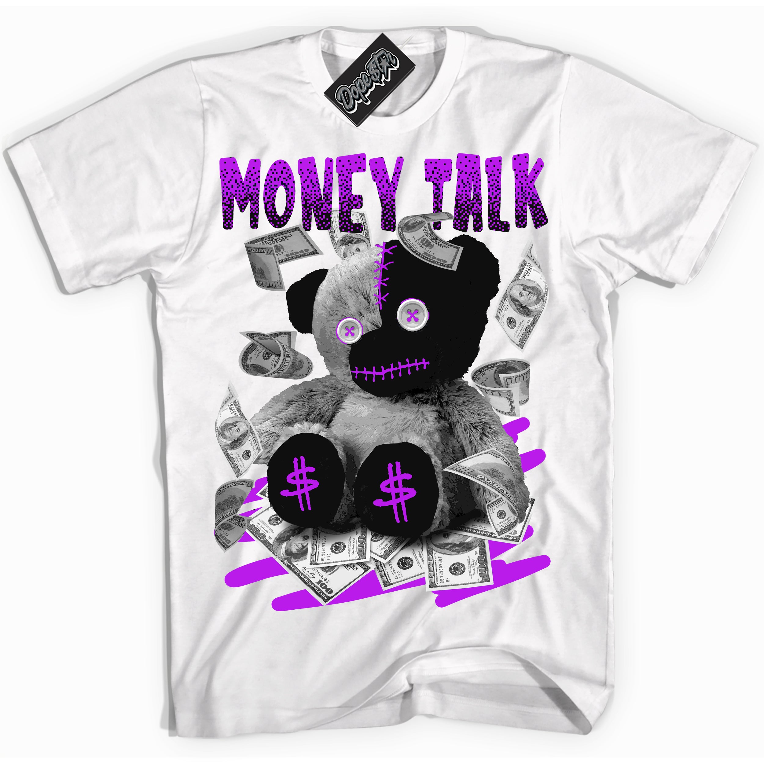 Cool White Shirt with “ Money Talk Bear” design that perfectly matches RTKT Genesis Dunk Sneakers.