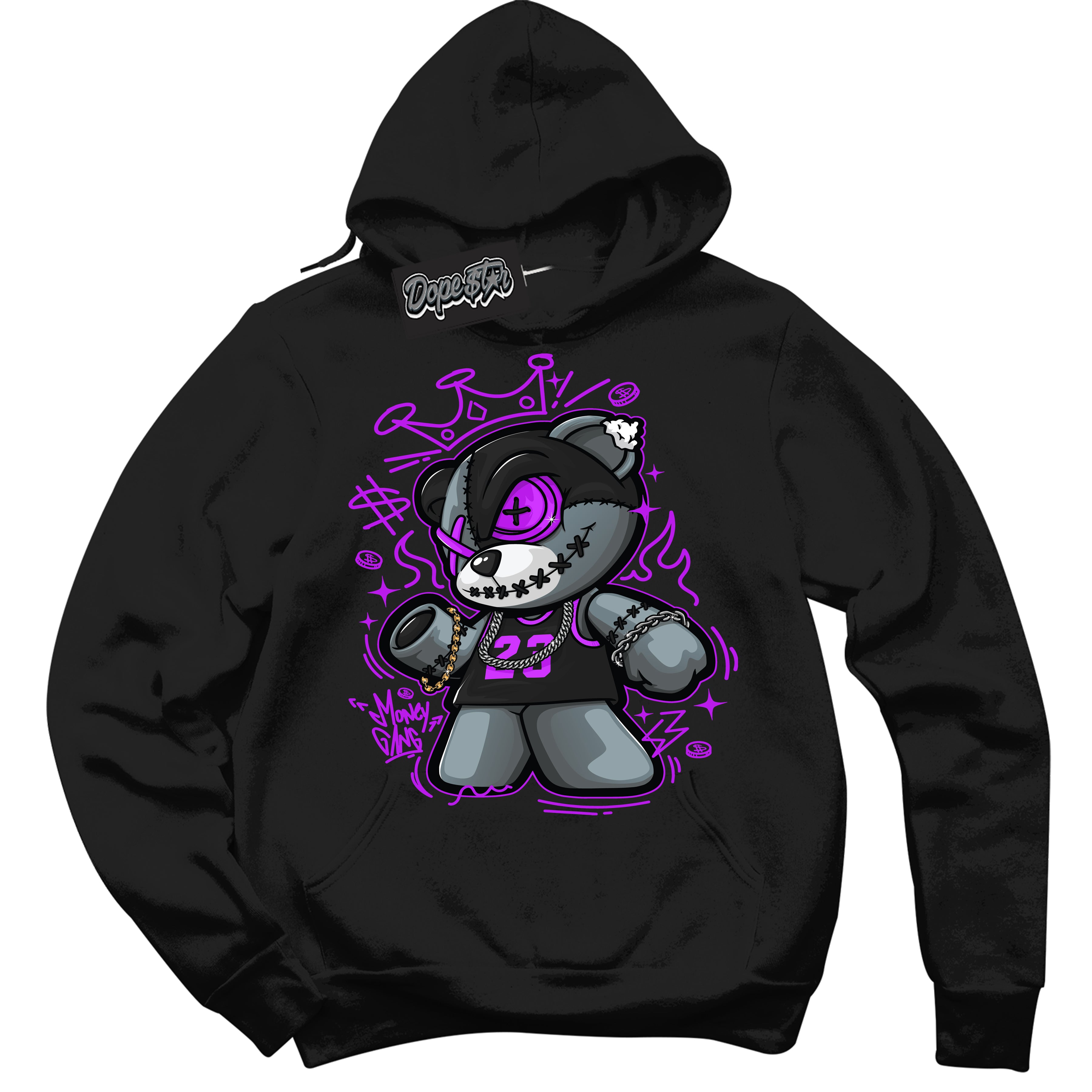 Cool Black Hoodie with “ Money Gang Bear ”  design that Perfectly Matches RTKT Genesis Dunk Sneakers.