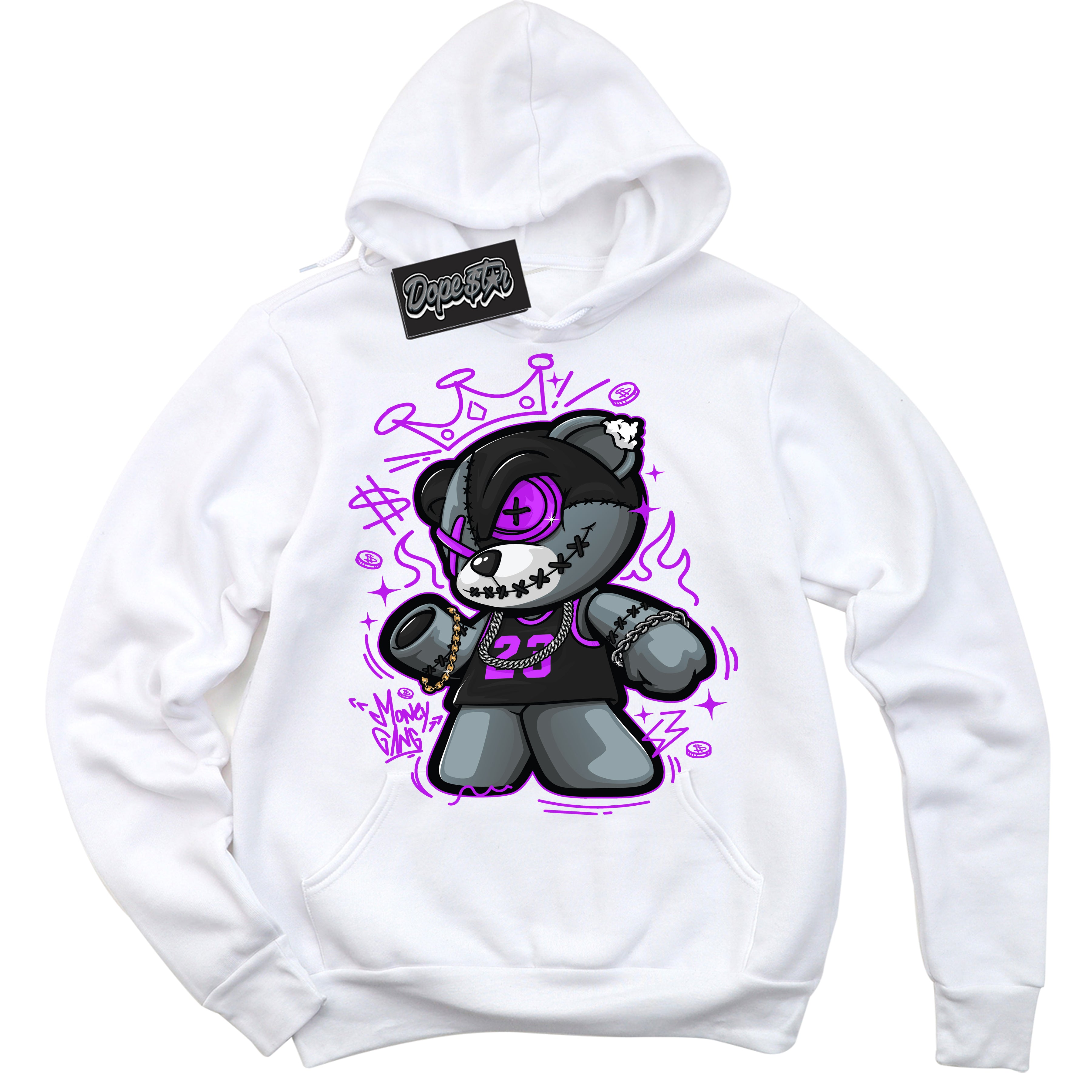 Cool White Hoodie with “ Money Gang Bear ”  design that Perfectly Matches RTKT Genesis Dunk Sneakers.