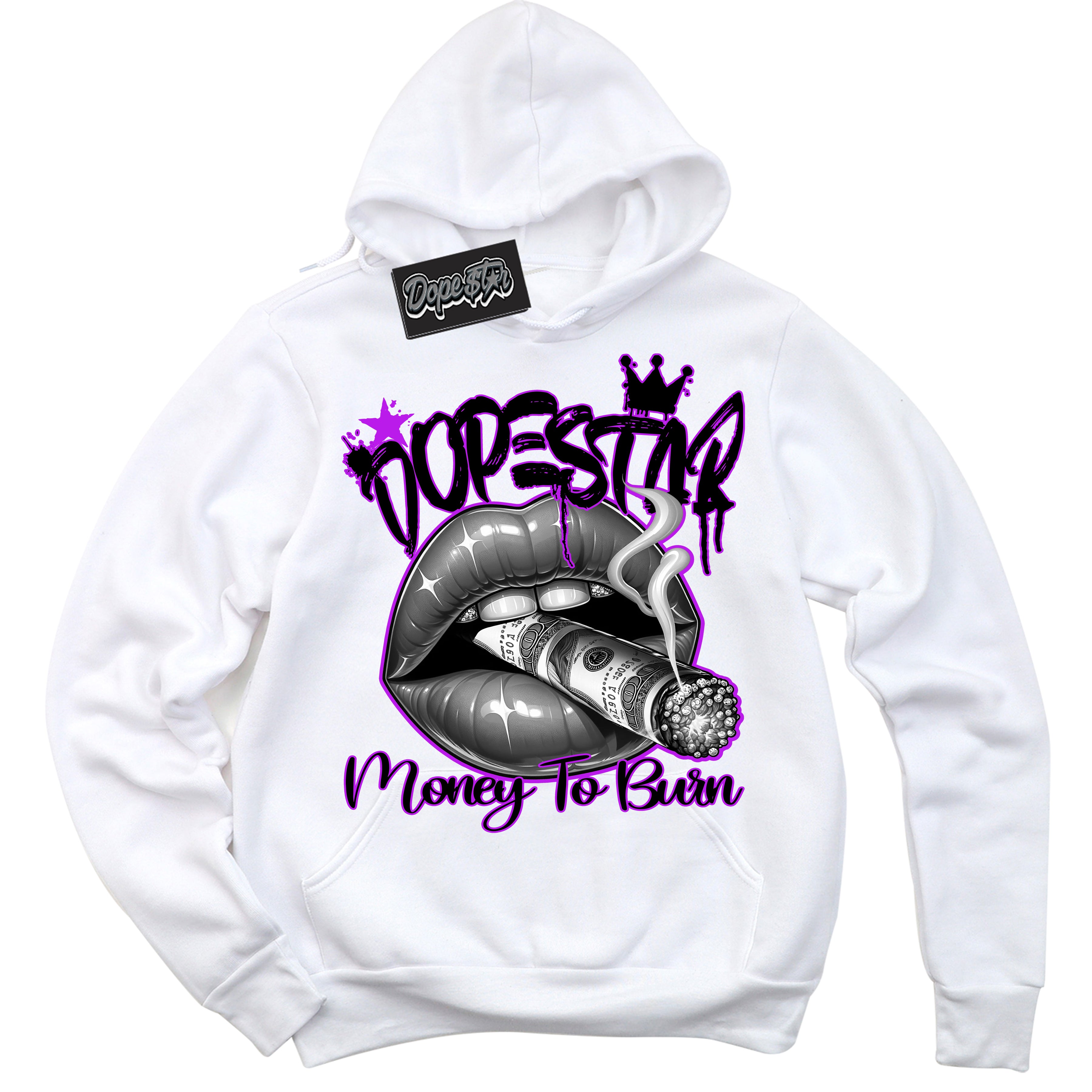 Cool White Hoodie with “ Money To Burn ”  design that Perfectly Matches RTKT Genesis Dunk Sneakers.