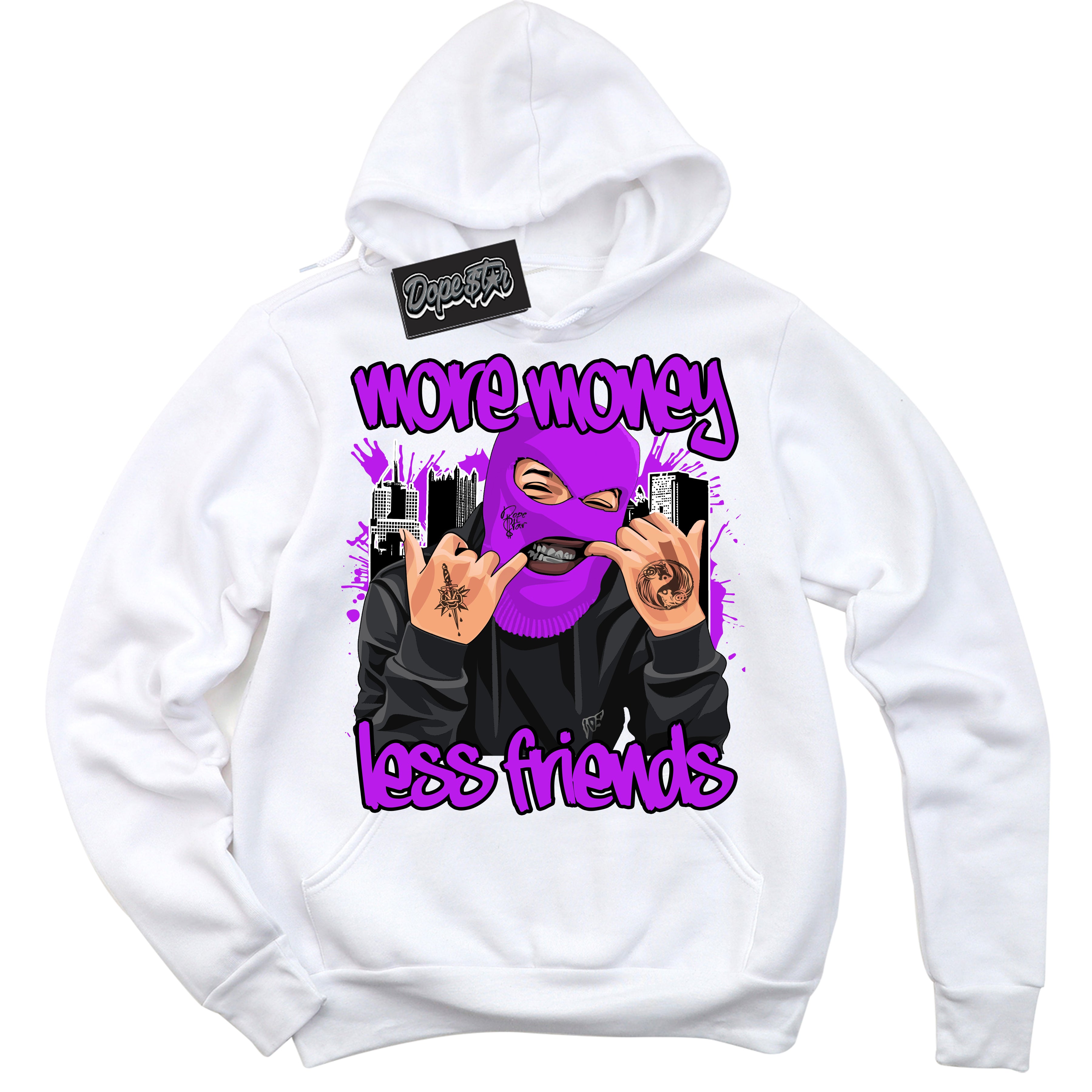 Cool White Hoodie with “ More Money Less Friends ”  design that Perfectly Matches RTKT Genesis Dunk Sneakers.