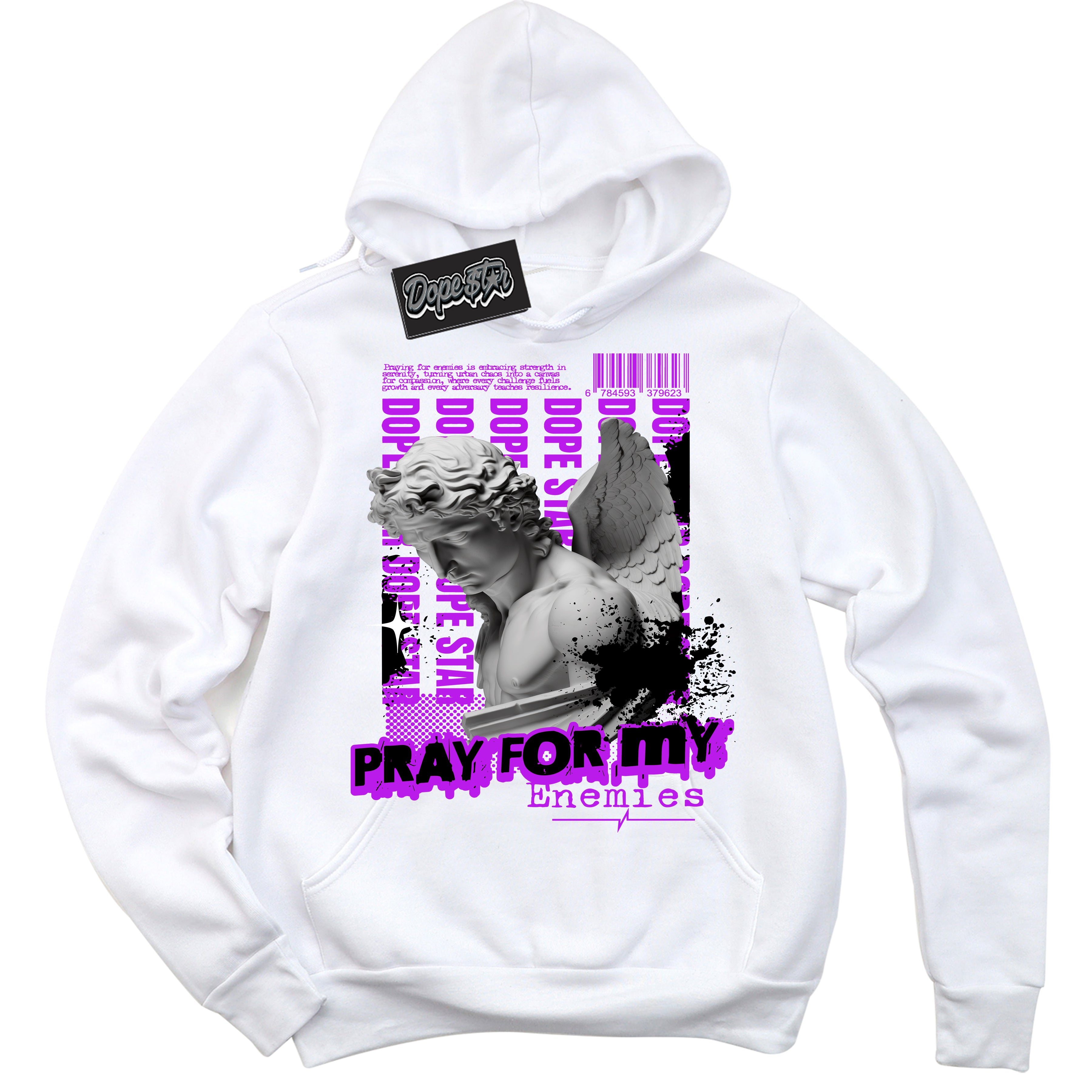 Cool White Hoodie with “ Pray Enemies ”  design that Perfectly Matches RTKT Genesis Dunk Sneakers.