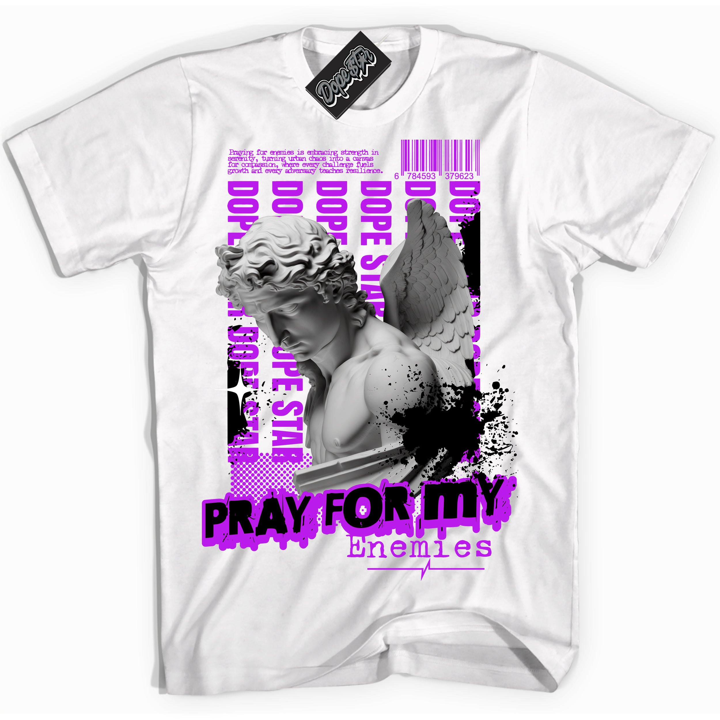 Cool White Shirt with “ Pray Enemies” design that perfectly matches RTKT Genesis Dunk Sneakers.