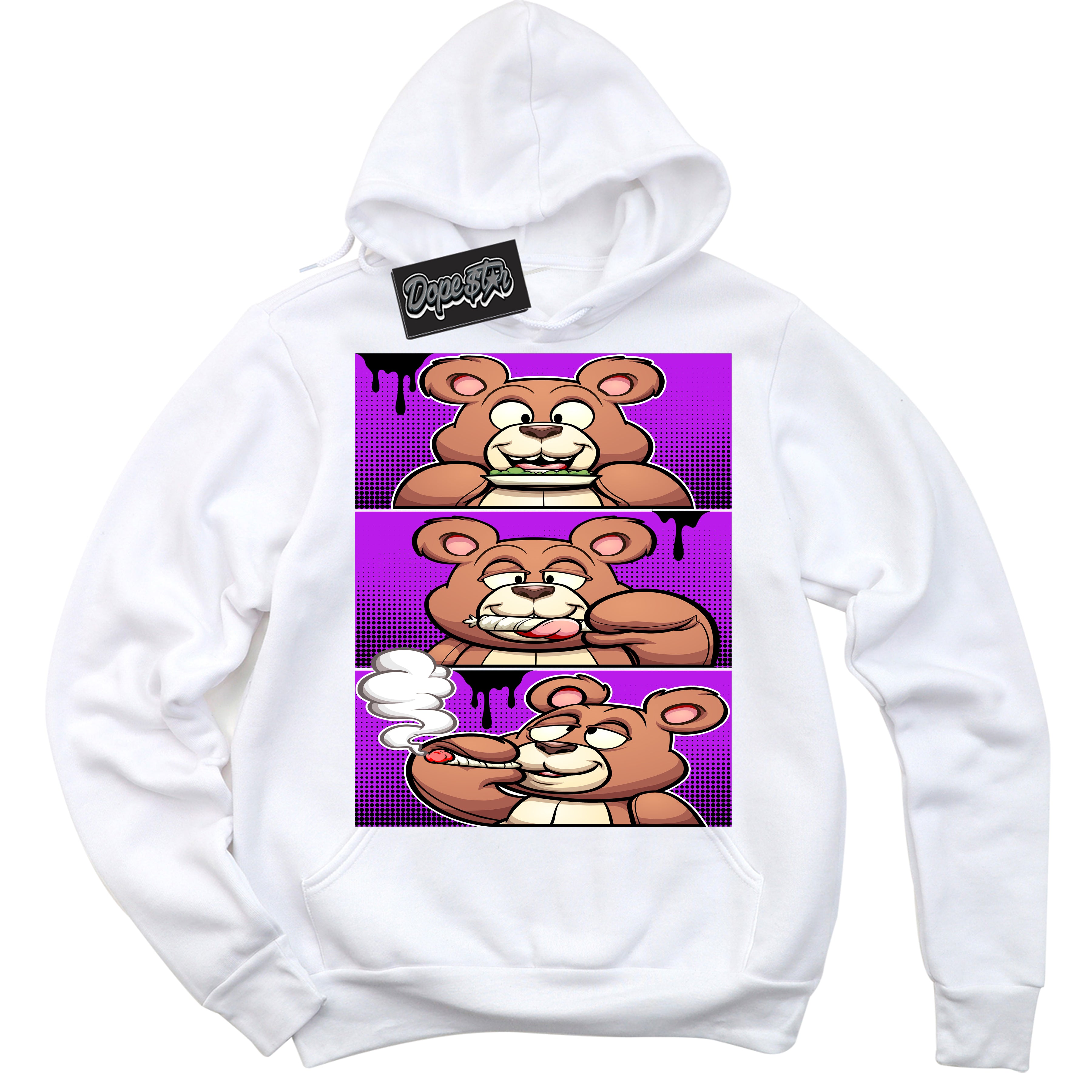 Cool White Hoodie with “ Roll It Lick It Smoke It Bear ”  design that Perfectly Matches RTKT Genesis Dunk Sneakers.