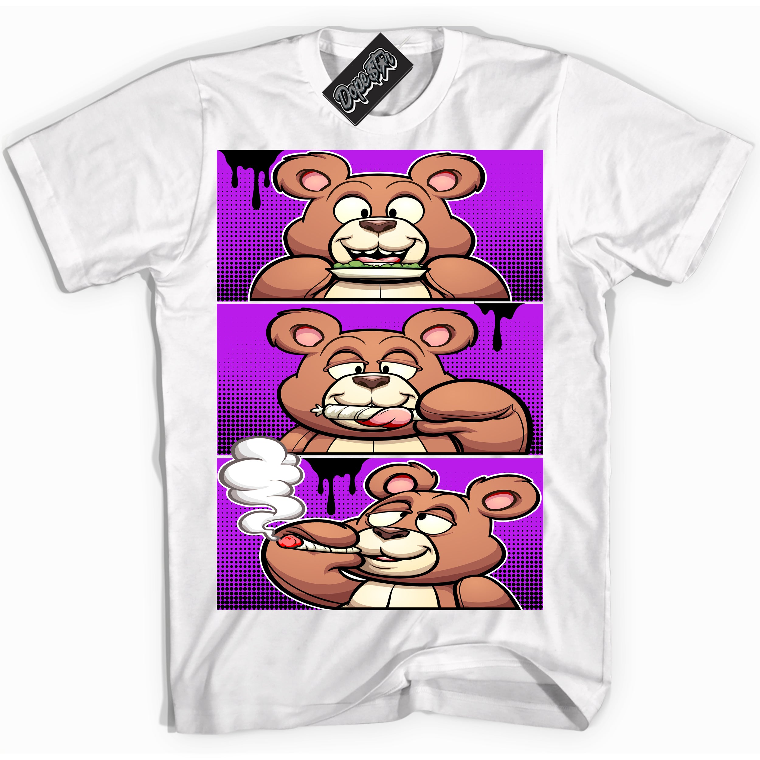 Cool White Shirt with “ Roll It Lick It Smoke It Bear” design that perfectly matches RTKT Genesis Dunk Sneakers.