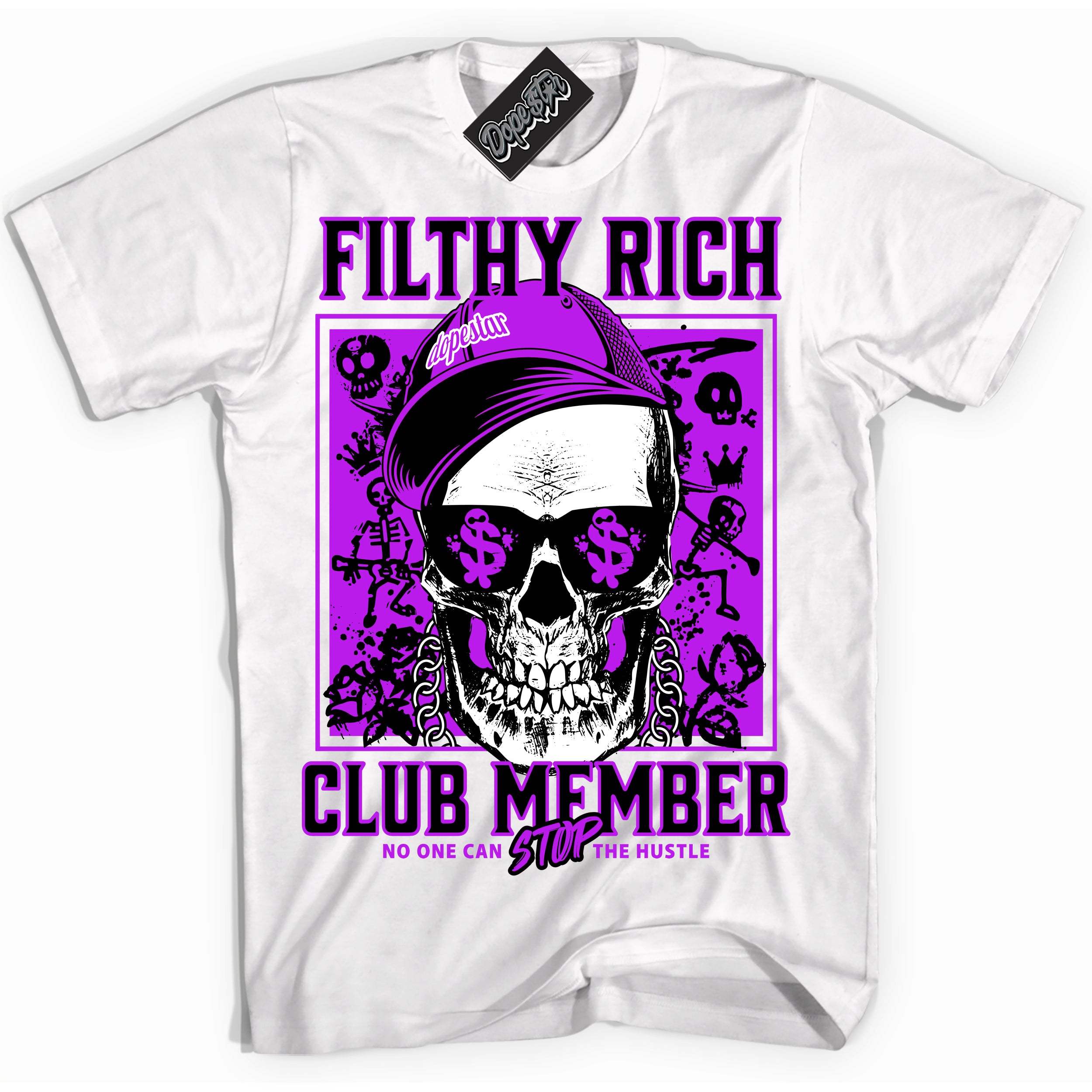 Cool White Shirt with “ Filthy Rich” design that perfectly matches RTKT Genesis Dunk Sneakers.