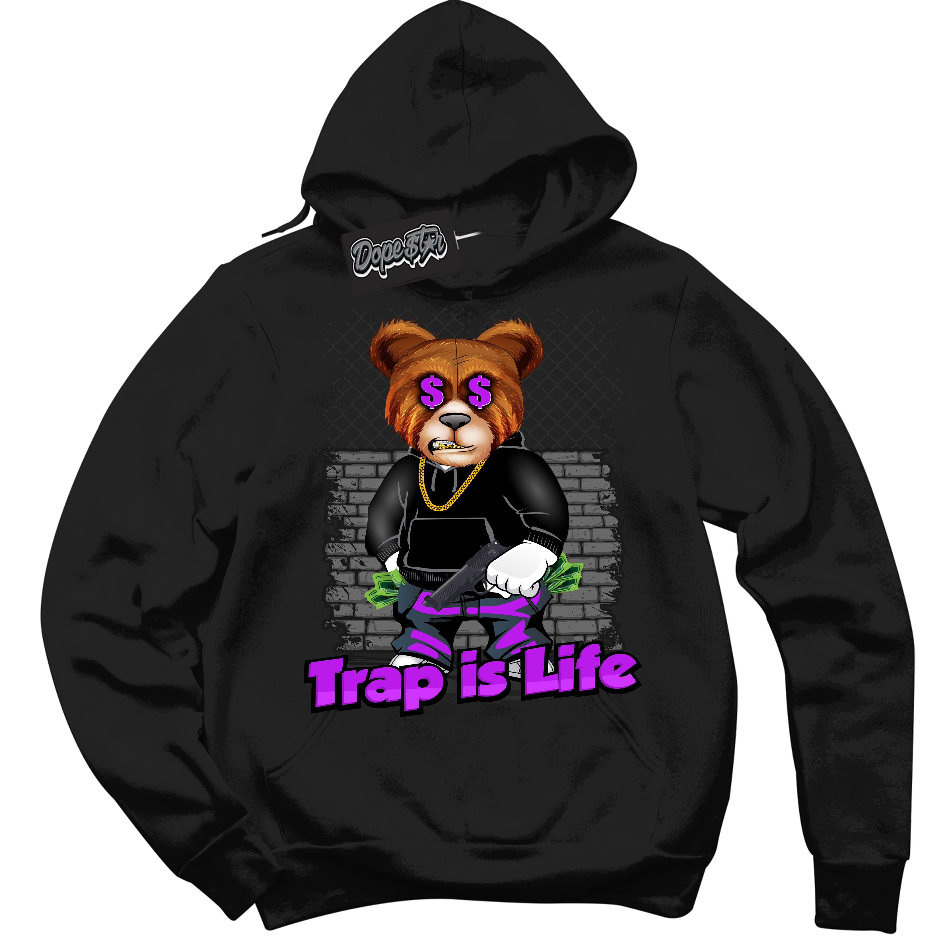 Cool Black Hoodie with “ Trap Is Life ”  design that Perfectly Matches RTKT Genesis Dunk Sneakers.