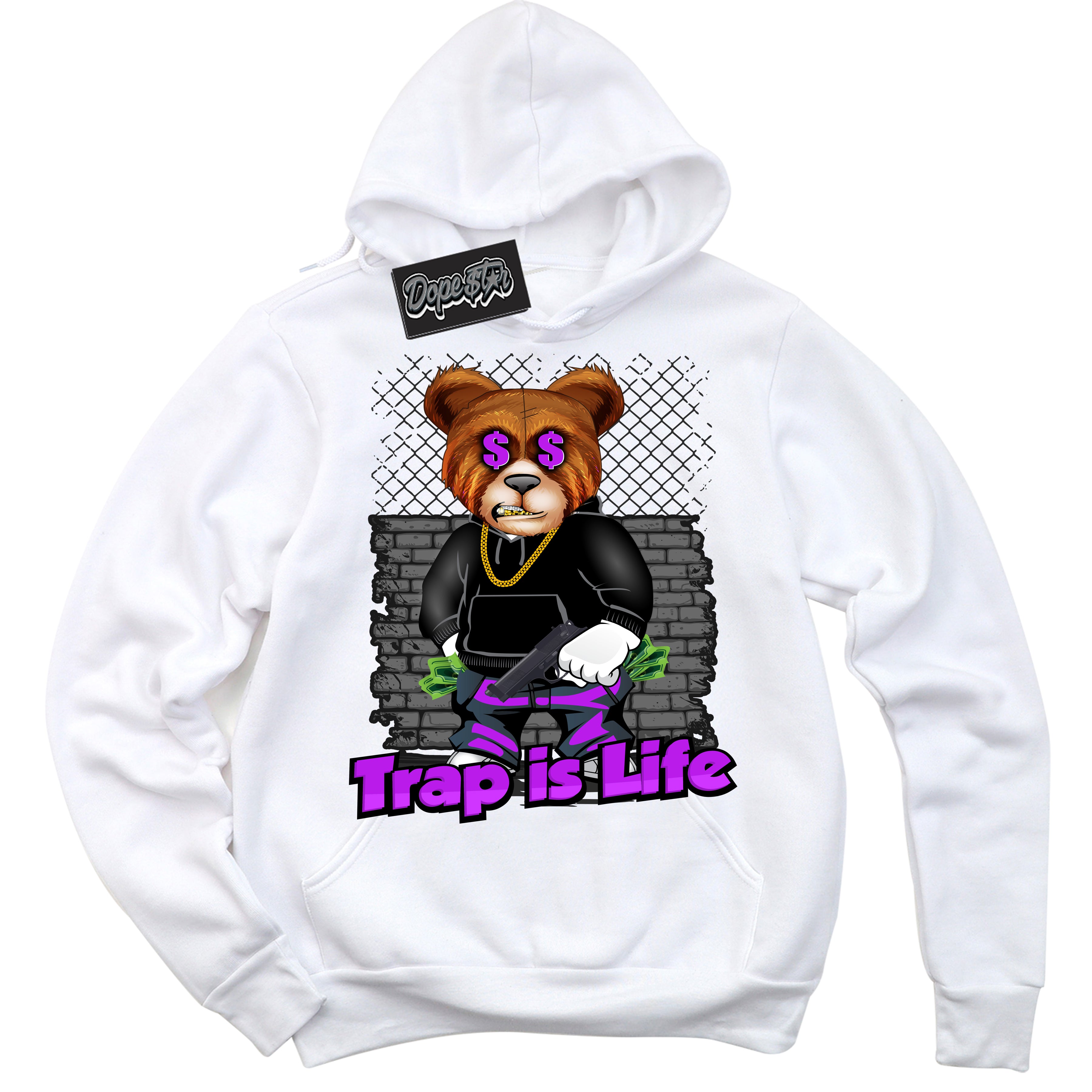 Cool White Hoodie with “ Trap Is Life ”  design that Perfectly Matches RTKT Genesis Dunk Sneakers.