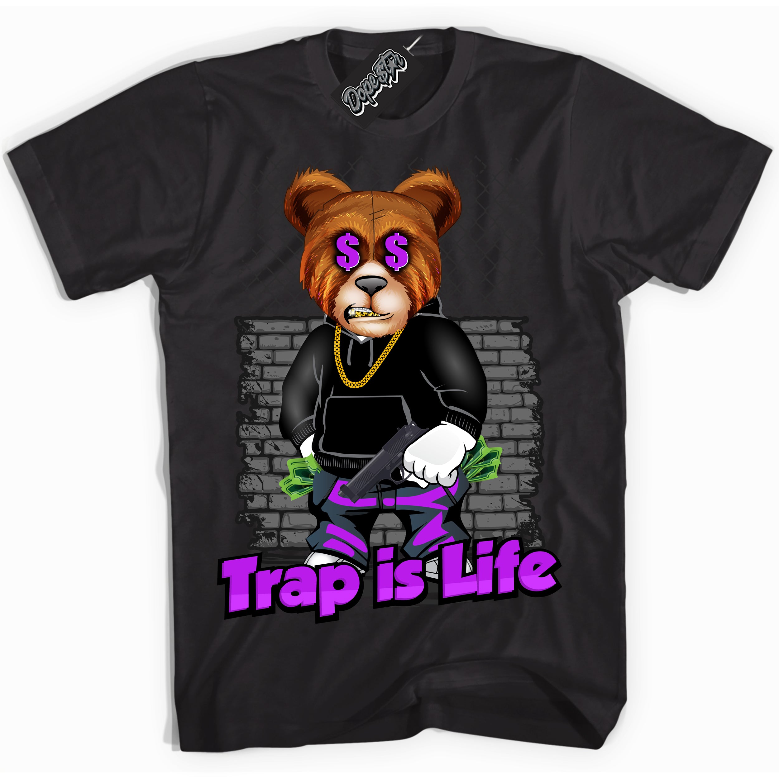 Cool Black Shirt with “ Trap Is Life” design that perfectly matches RTKT Genesis Dunk Sneakers.