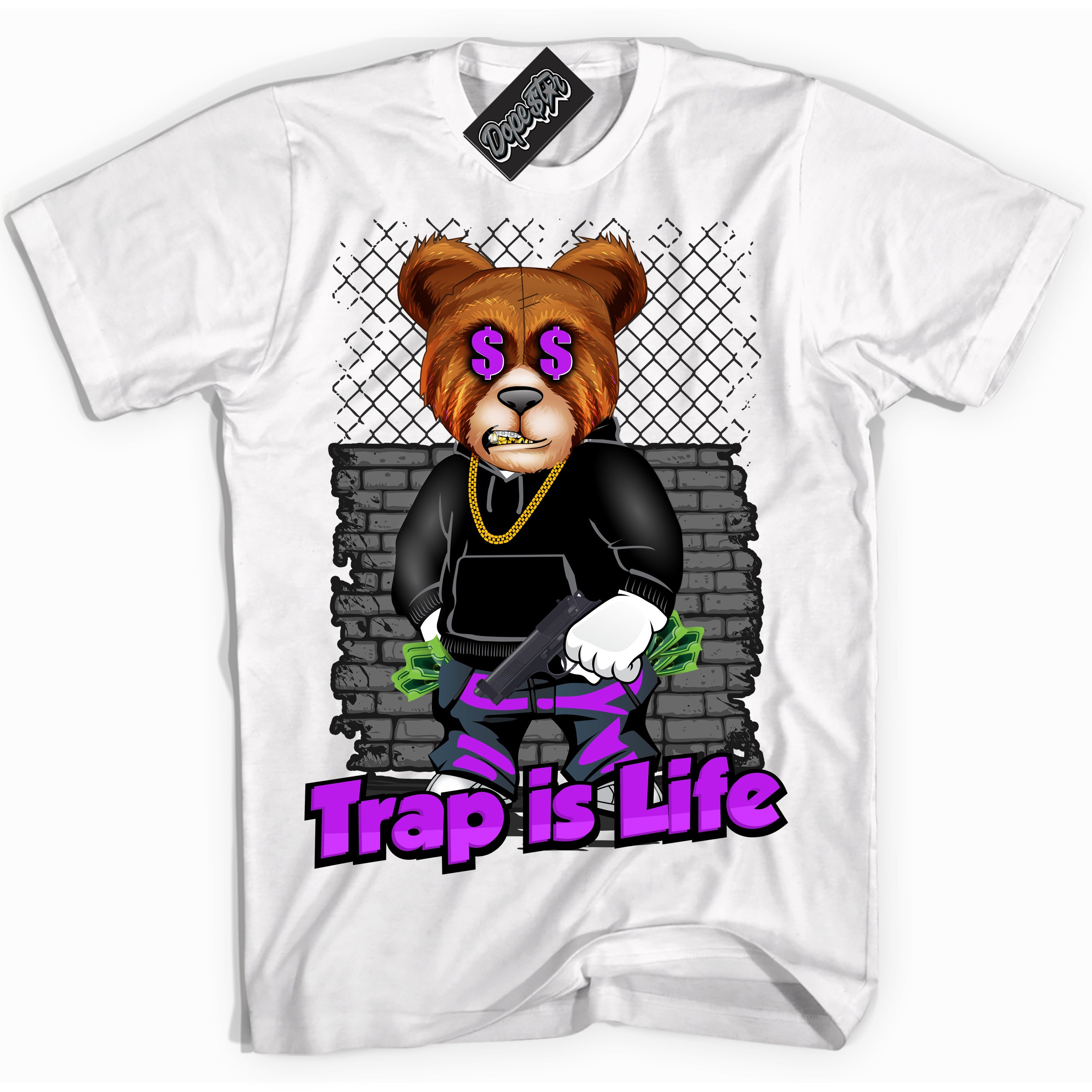 Cool White Shirt with “ Trap Is Life” design that perfectly matches RTKT Genesis Dunk Sneakers.