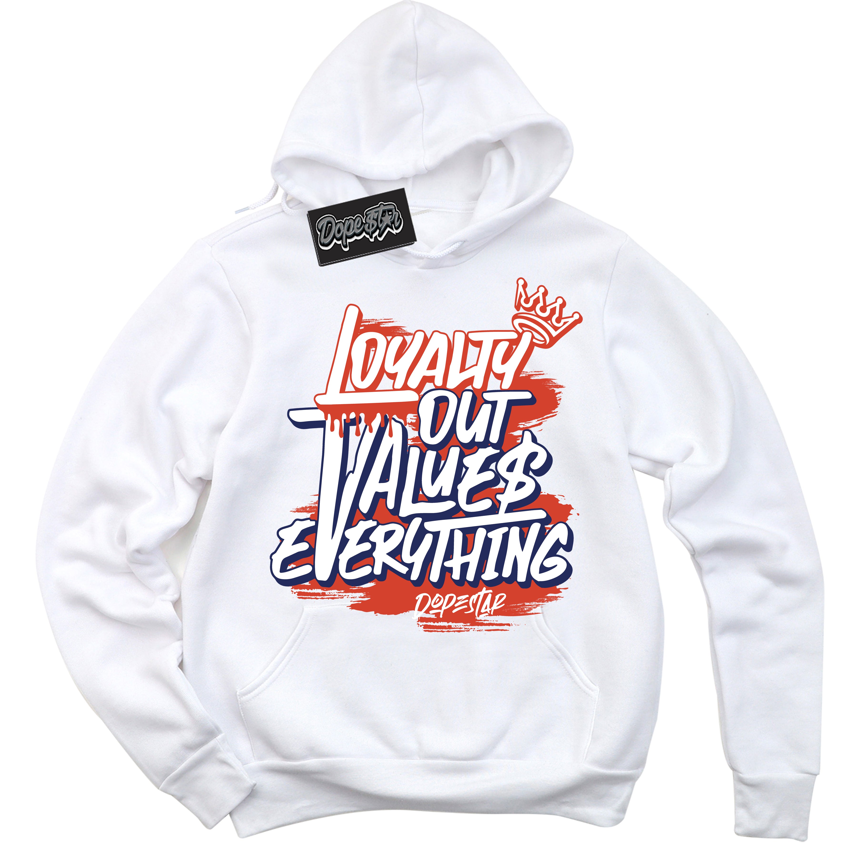 Cool White Hoodie with “ Loyalty Out Values Everything ”  design that Perfectly Matches Knicks Sneakers.